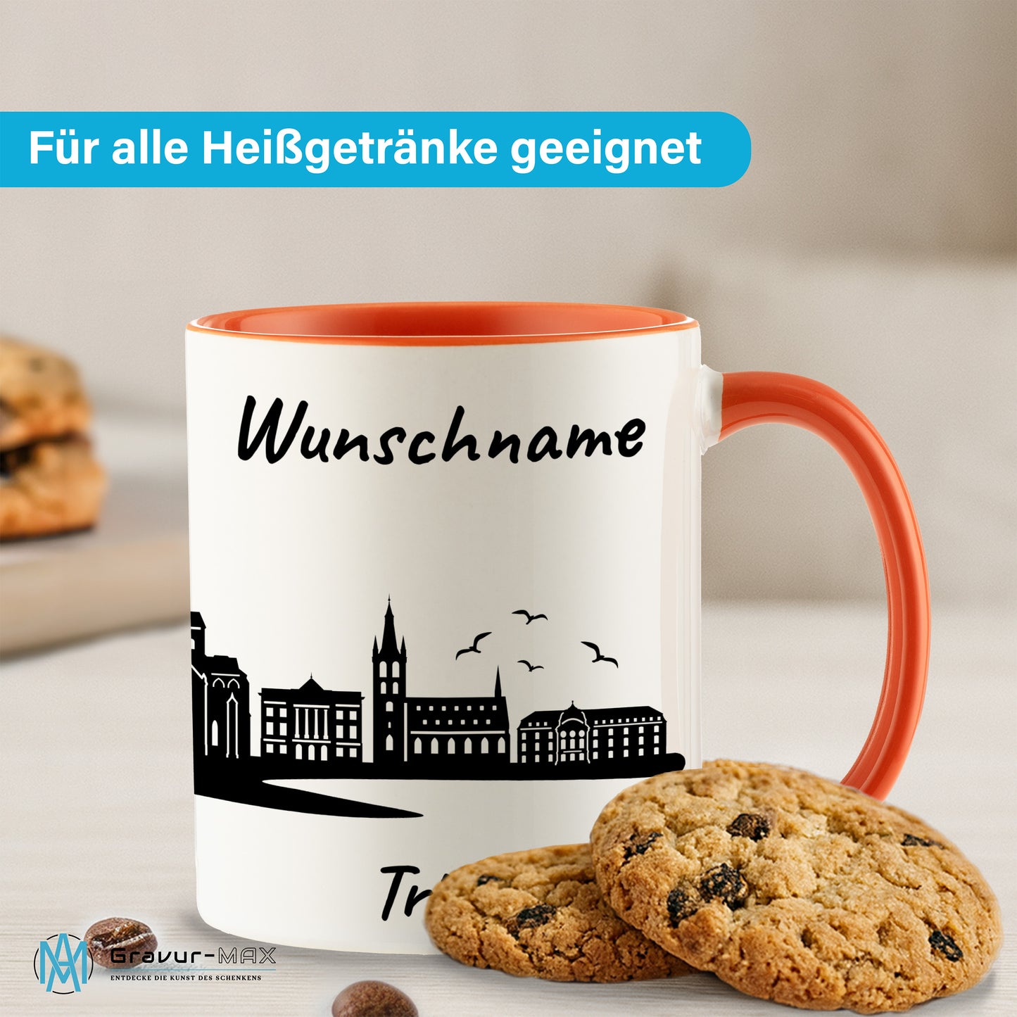 Tasse in Orange 330ml bedruckt mit der Skyline von Trier personalisierbar mit Wunschname