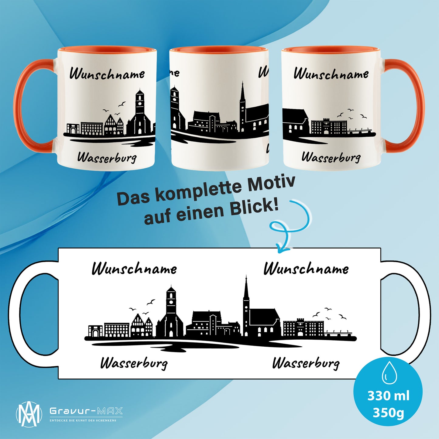 Tasse in Orange 330ml bedruckt mit der Skyline von Wasserburg personalisierbar mit Wunschname