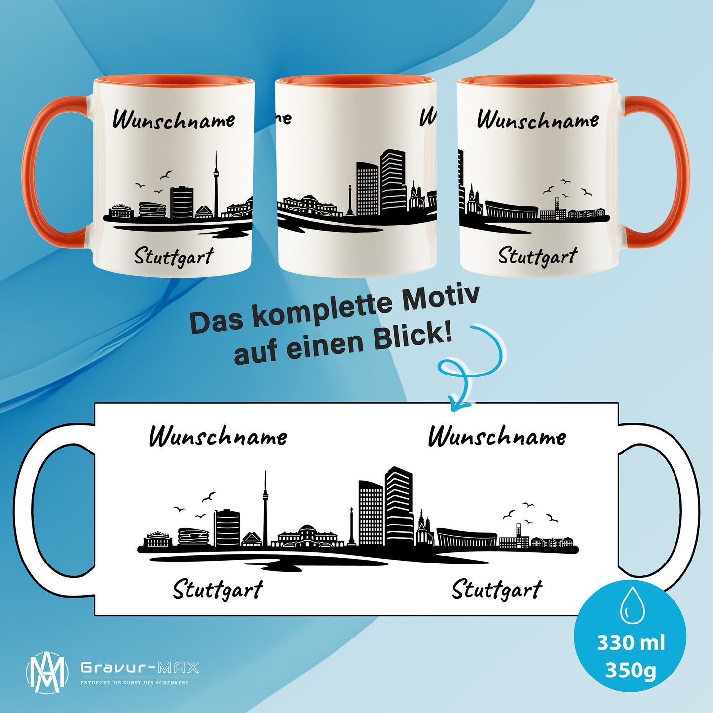 Tasse in Orange 330ml bedruckt mit der Skyline von Stuttgart personalisierbar mit Wunschname