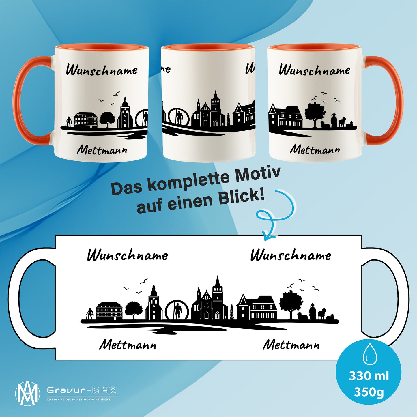 Tasse in Orange 330ml bedruckt mit der Skyline von Mettmann personalisierbar mit Wunschname