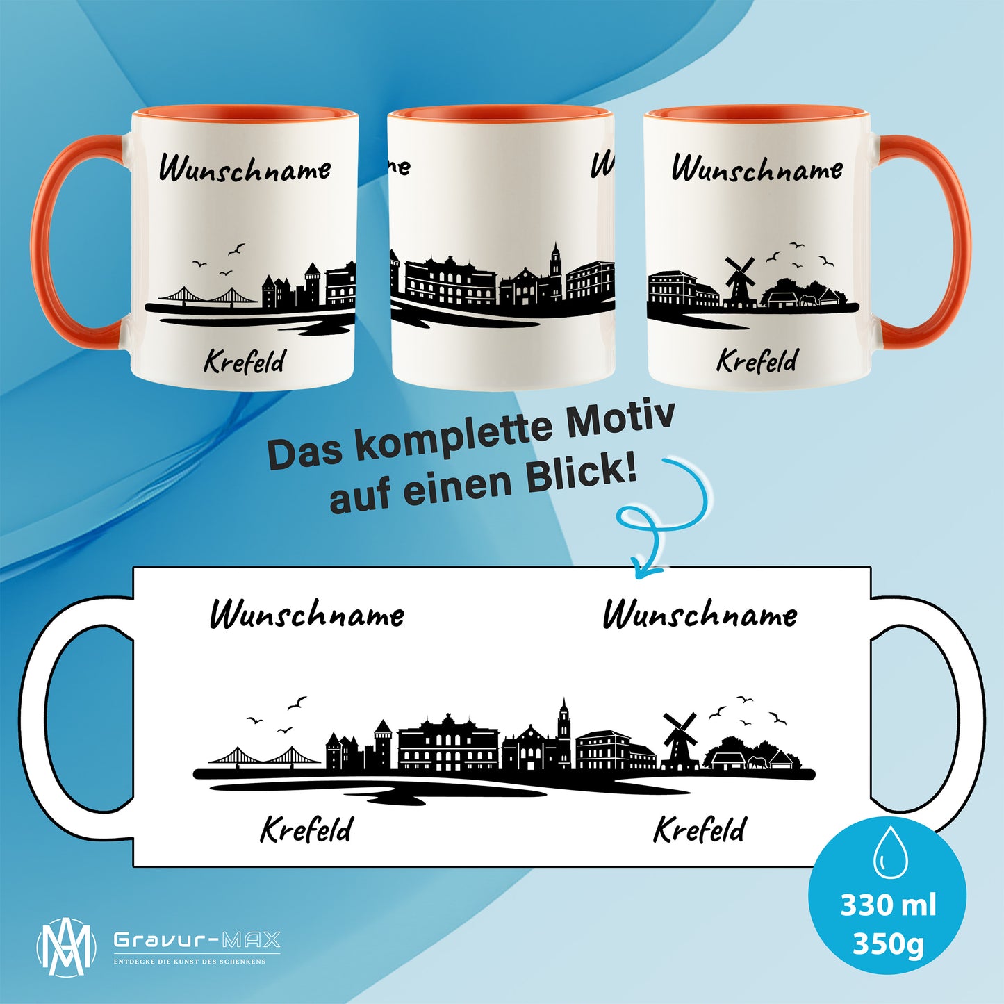 Tasse in Orange 330ml bedruckt mit der Skyline von Krefeld personalisierbar mit Wunschname