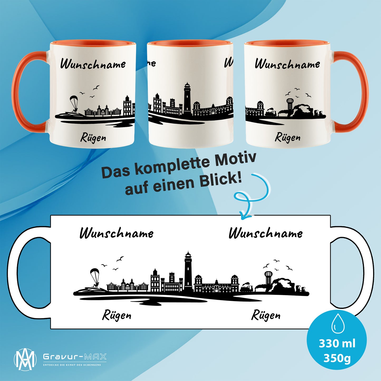 Tasse in Orange 330ml bedruckt mit der Skyline von Rügen personalisierbar mit Wunschname