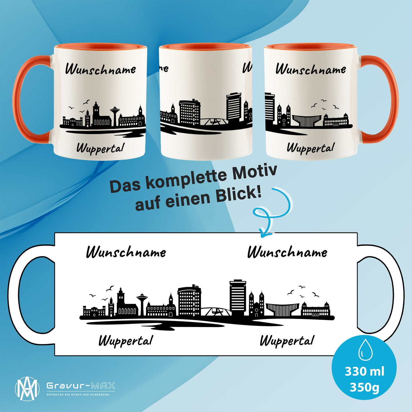 Tasse in Orange 330ml bedruckt mit der Skyline von Wuppertal personalisierbar mit Wunschname