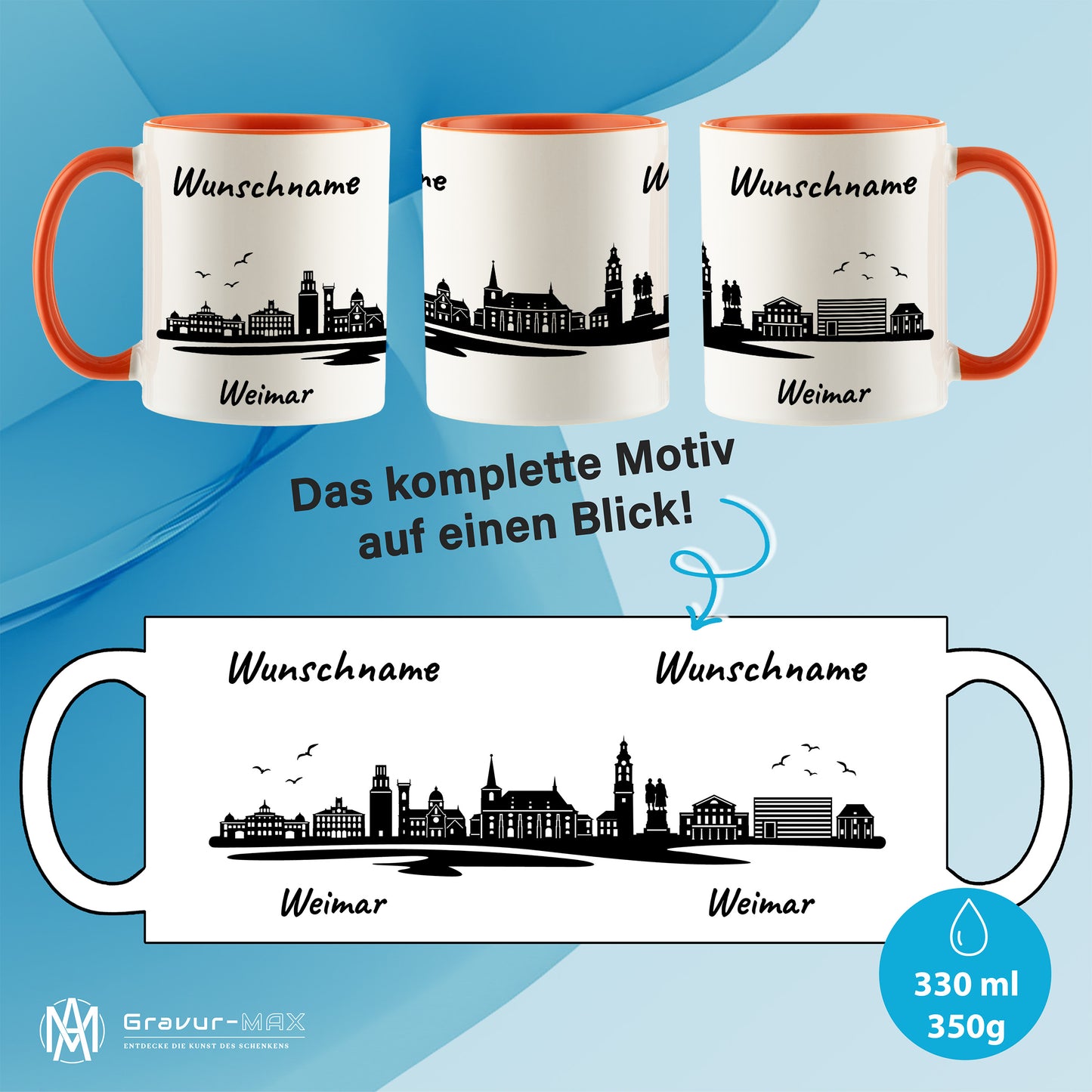 Tasse in Orange 330ml bedruckt mit der Skyline von Weimar personalisierbar mit Wunschname