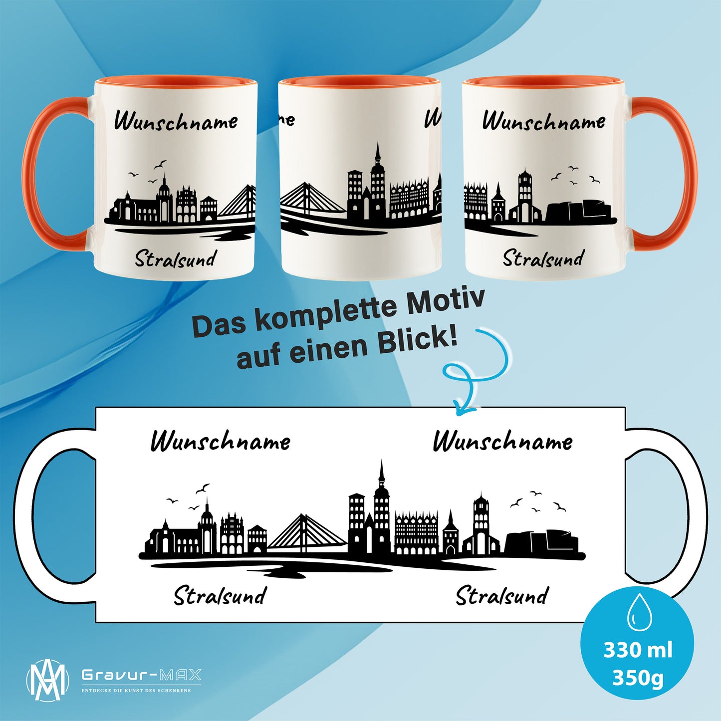 Tasse in Orange 330ml bedruckt mit der Skyline von Stralsund personalisierbar mit Wunschname