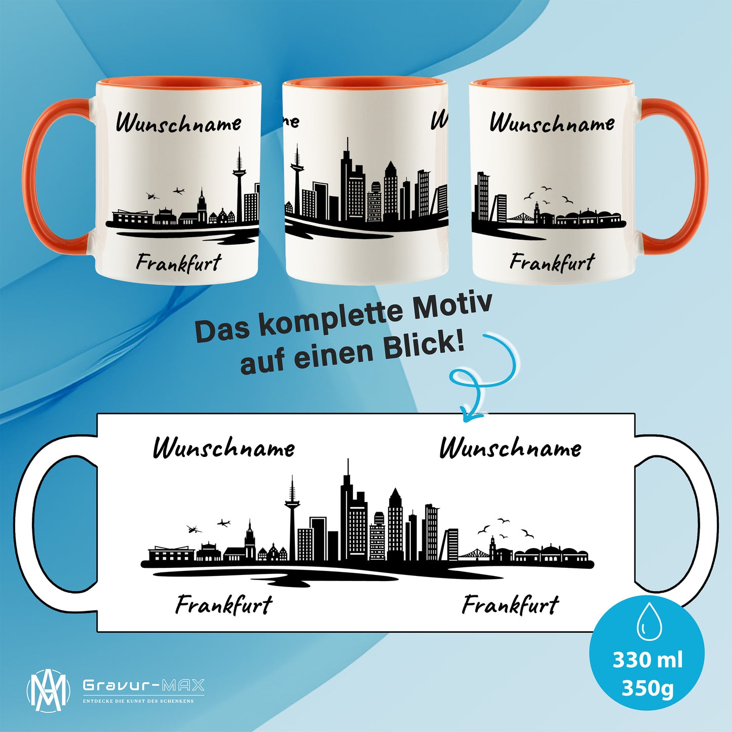 Tasse in Orange 330ml bedruckt mit der Skyline von Frankfurt personalisierbar mit Wunschname