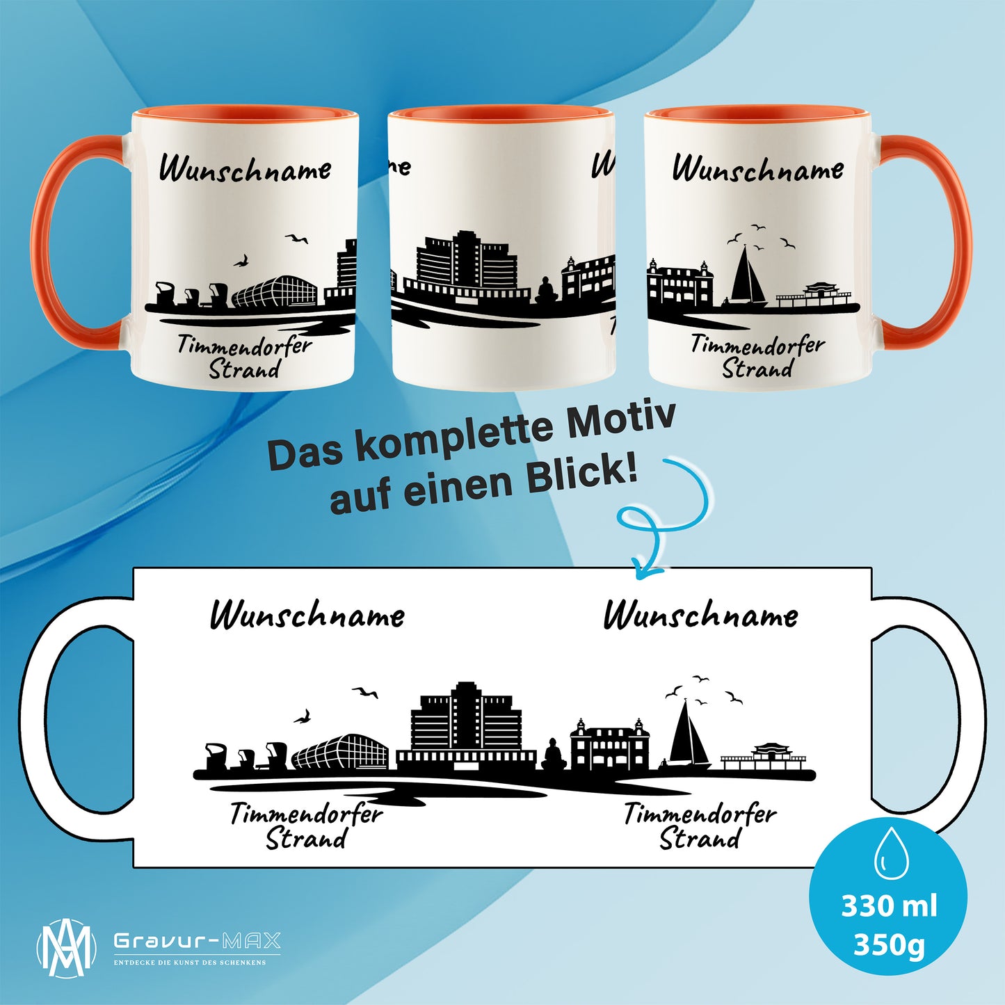Tasse in Orange 330ml bedruckt mit der Skyline von Timmendorfer Strand personalisierbar mit Wunschname