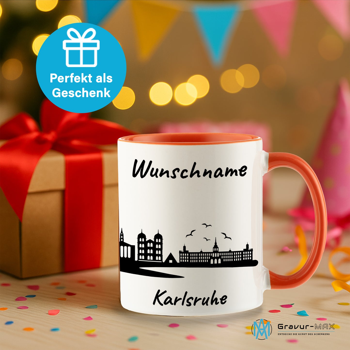 Tasse in Orange 330ml bedruckt mit der Skyline von Karlsruhe personalisierbar mit Wunschname