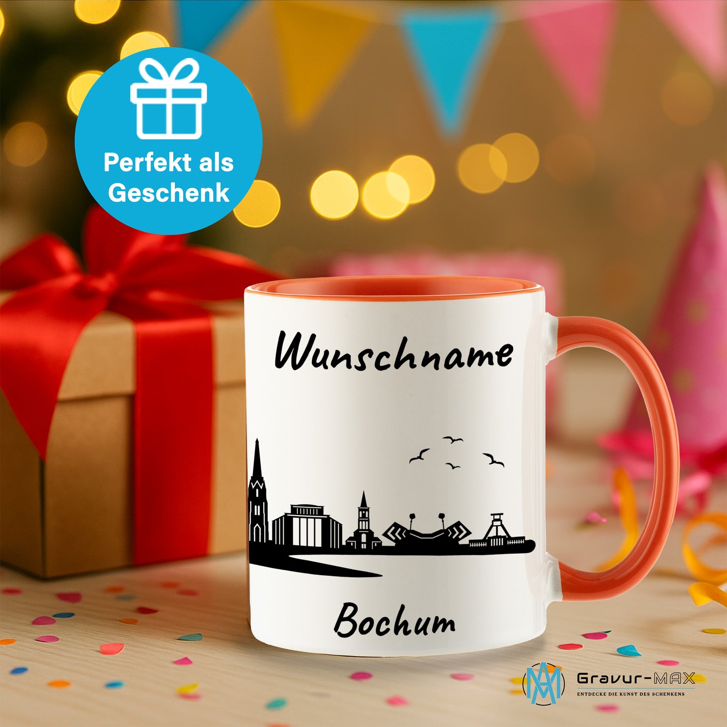Tasse in Orange 330ml bedruckt mit der Skyline von Bochum personalisierbar mit Wunschname