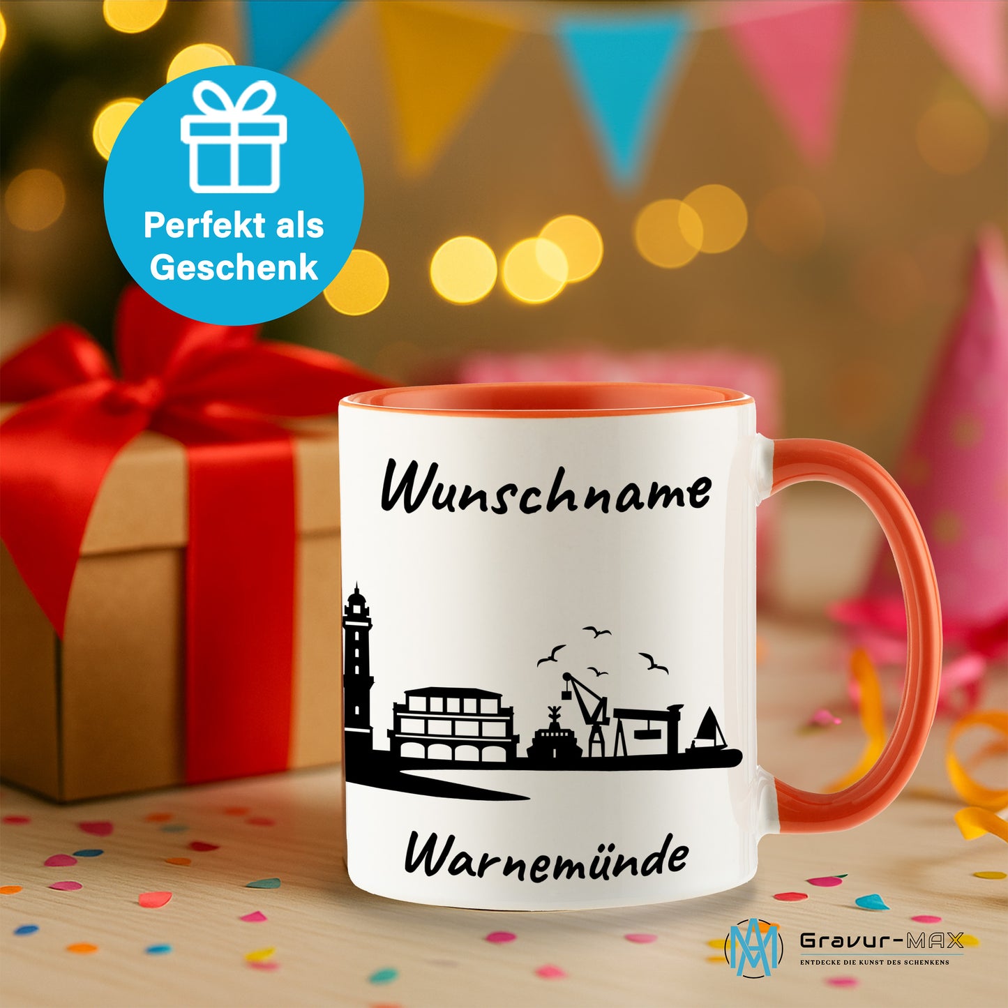 Tasse in Orange 330ml bedruckt mit der Skyline von Warnemünde personalisierbar mit Wunschname