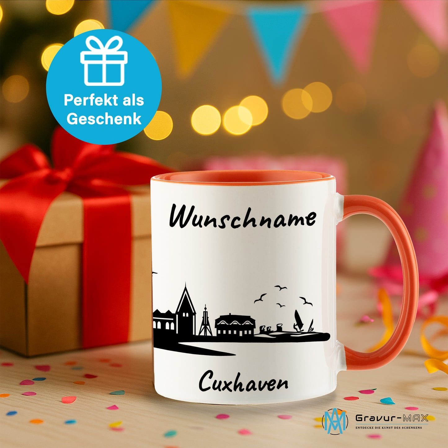 Tasse in Orange 330ml bedruckt mit der Skyline von Cuxhaven personalisierbar mit Wunschname