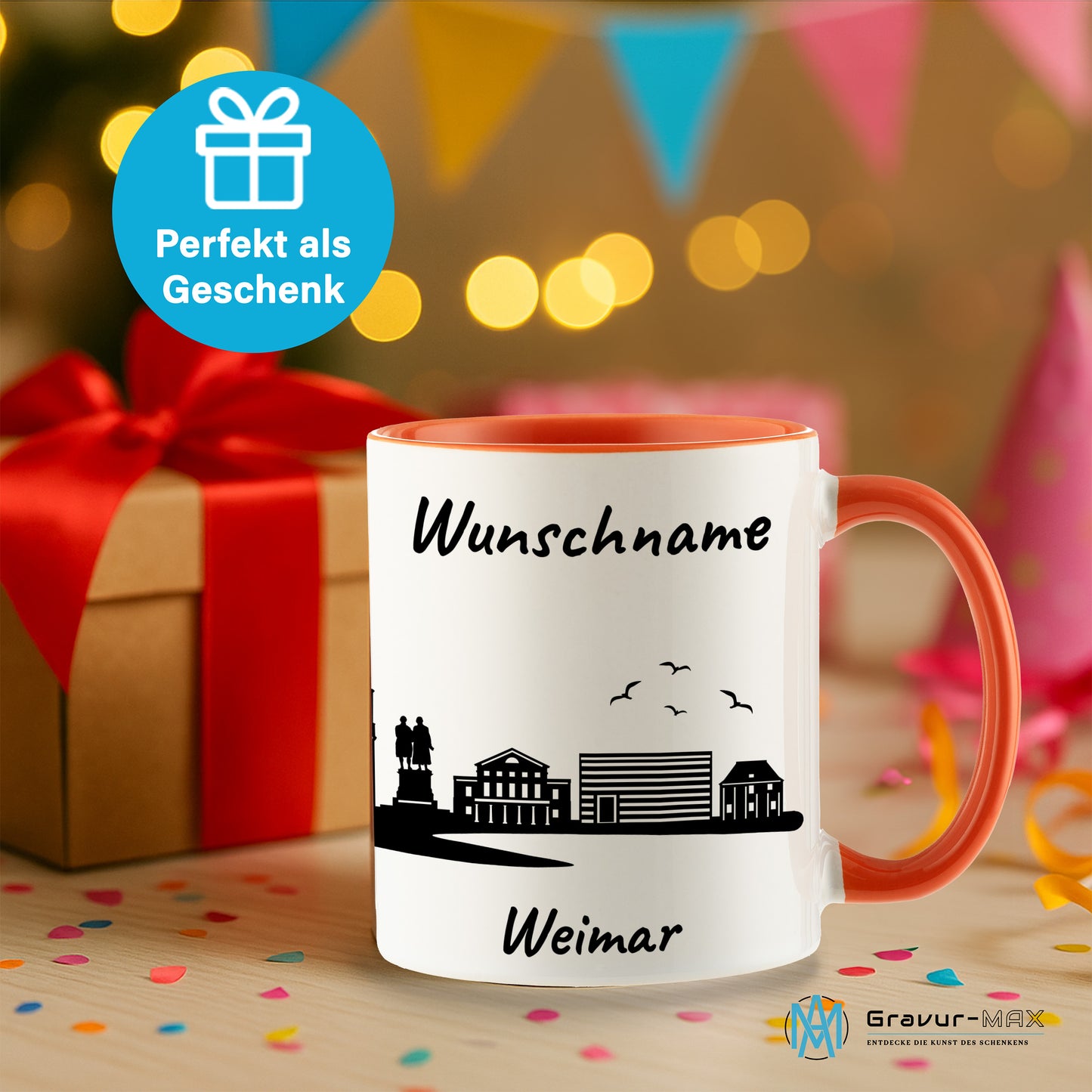 Tasse in Orange 330ml bedruckt mit der Skyline von Weimar personalisierbar mit Wunschname