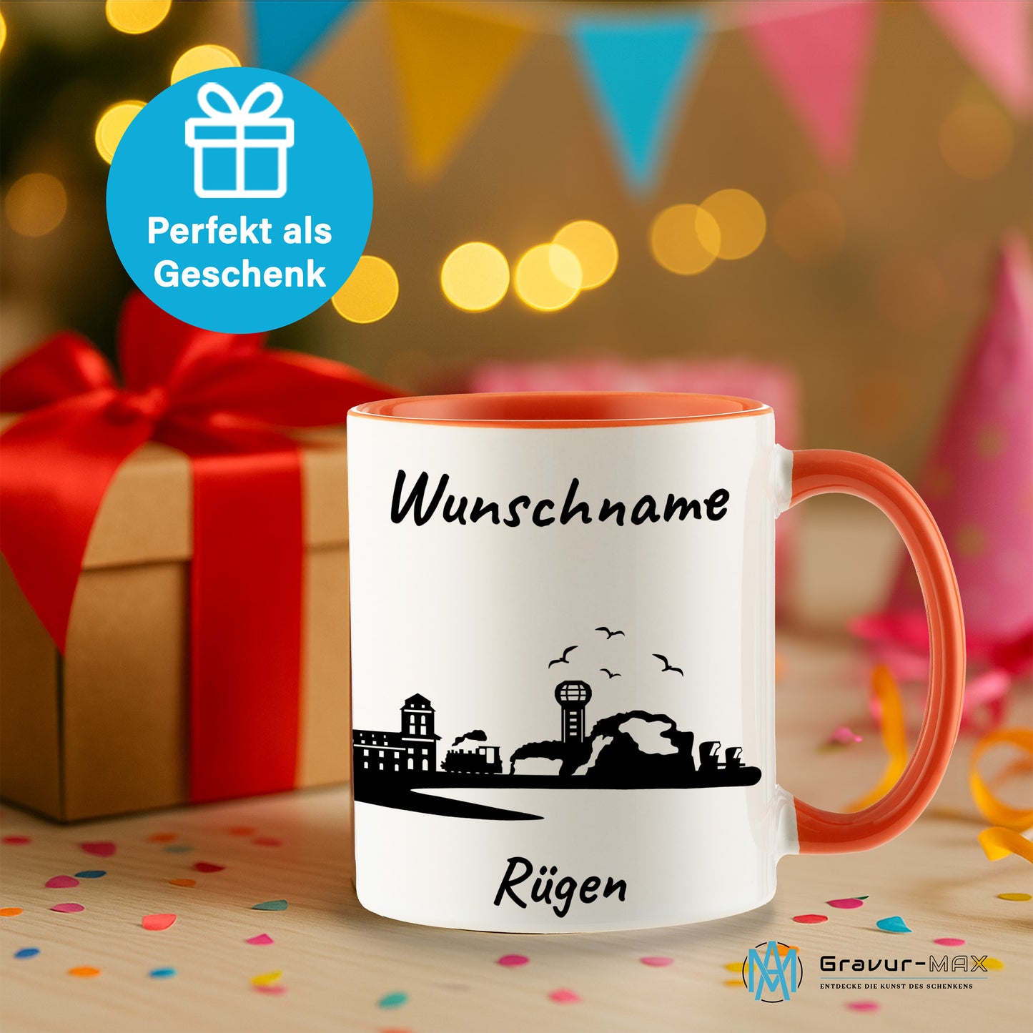 Tasse in Orange 330ml bedruckt mit der Skyline von Rügen personalisierbar mit Wunschname