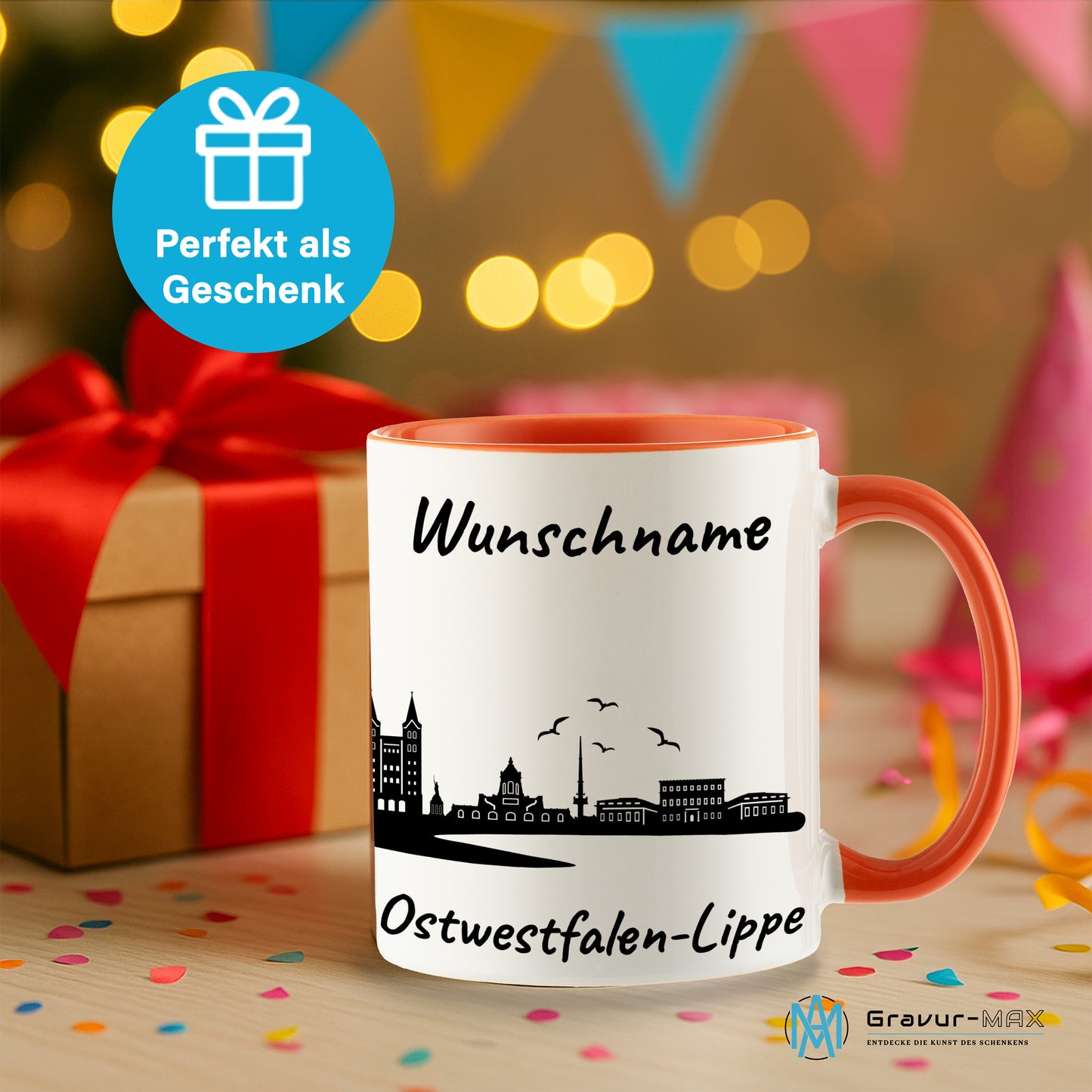 Tasse in Orange 330ml bedruckt mit der Skyline von Ostwestfalen-Lippe personalisierbar mit Wunschname