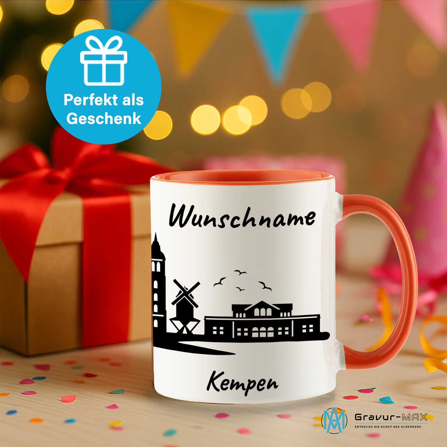 Tasse in Orange 330ml bedruckt mit der Skyline von Kempen personalisierbar mit Wunschname