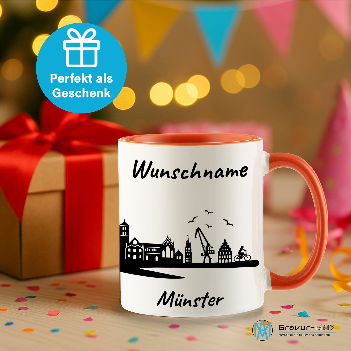 Tasse in Orange 330ml bedruckt mit der Skyline von Münster personalisierbar mit Wunschname