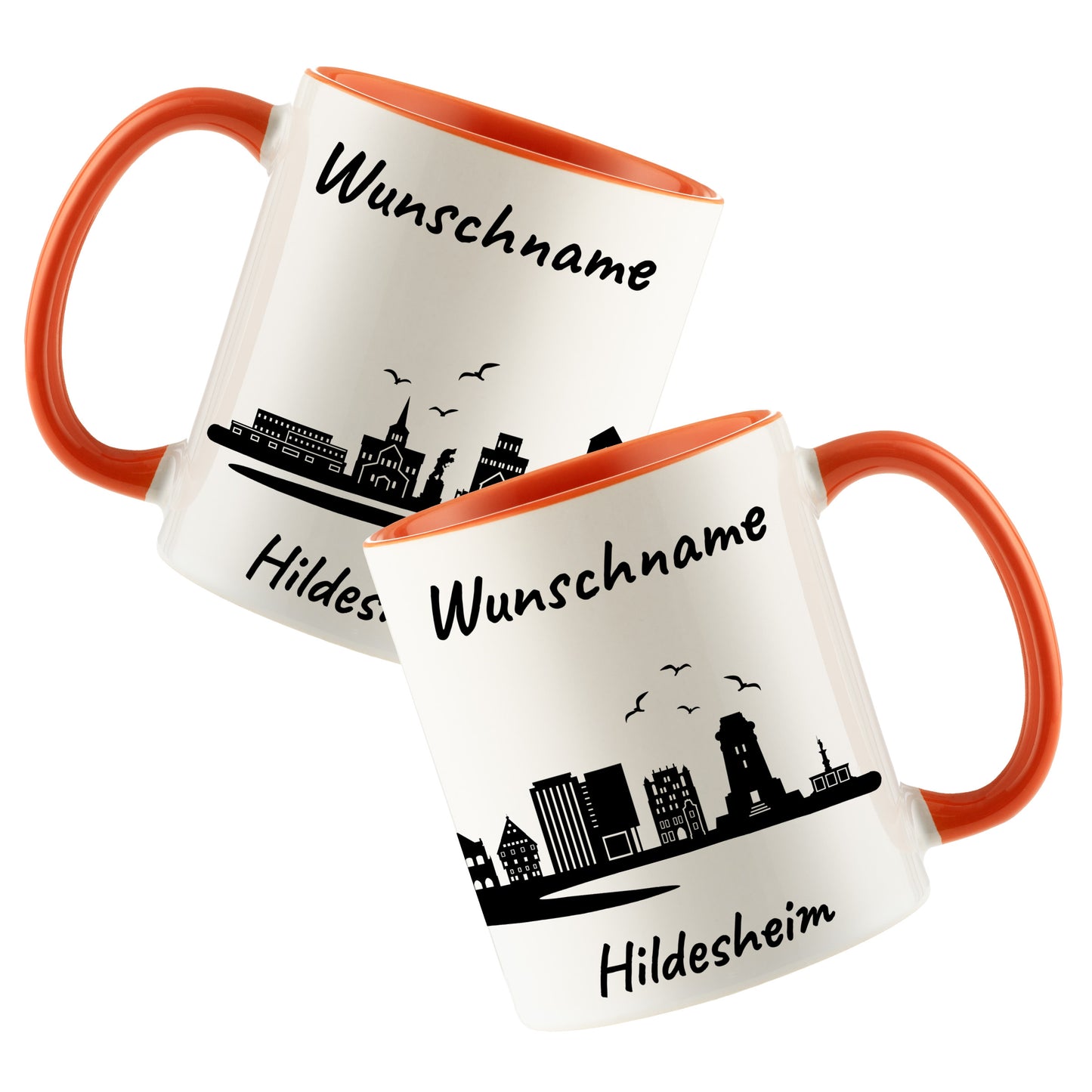 Tasse in Orange 330ml bedruckt mit der Skyline von Hildesheim personalisierbar mit Wunschname