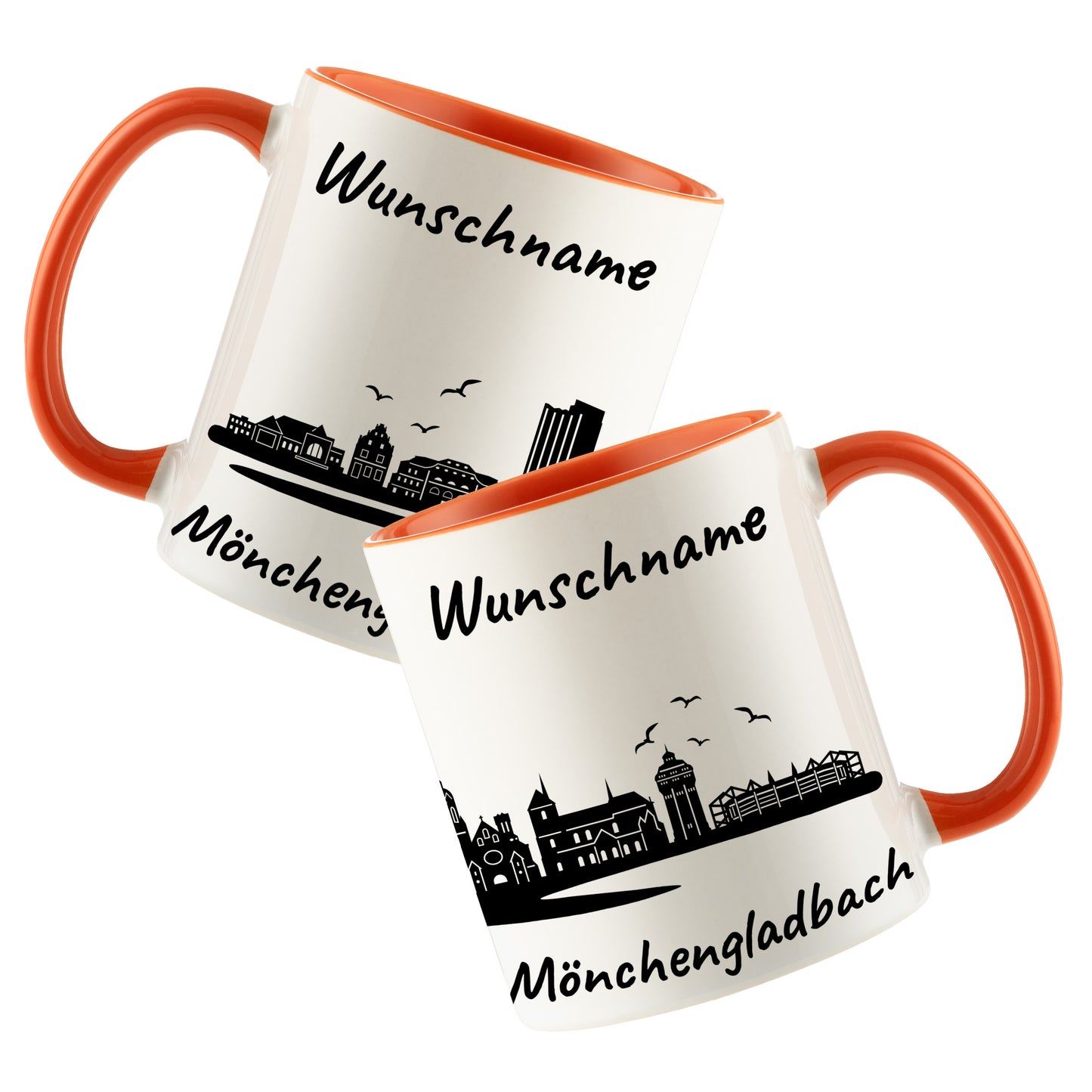 Tasse in Orange 330ml bedruckt mit der Skyline von Mönchengladbach personalisierbar mit Wunschname