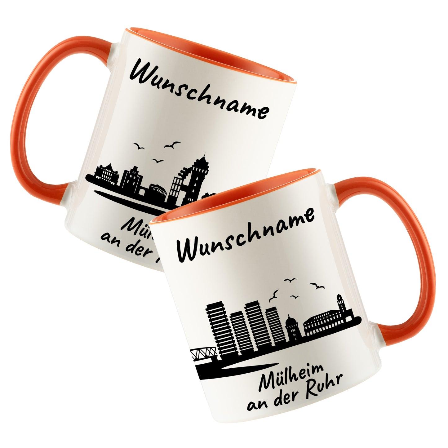 Tasse in Orange 330ml bedruckt mit der Skyline von Mülheim an der Ruhr personalisierbar mit Wunschname