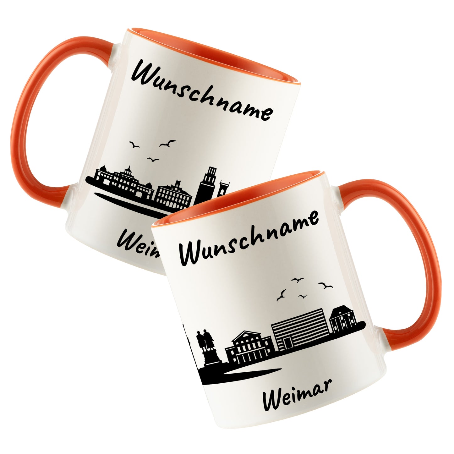 Tasse in Orange 330ml bedruckt mit der Skyline von Weimar personalisierbar mit Wunschname