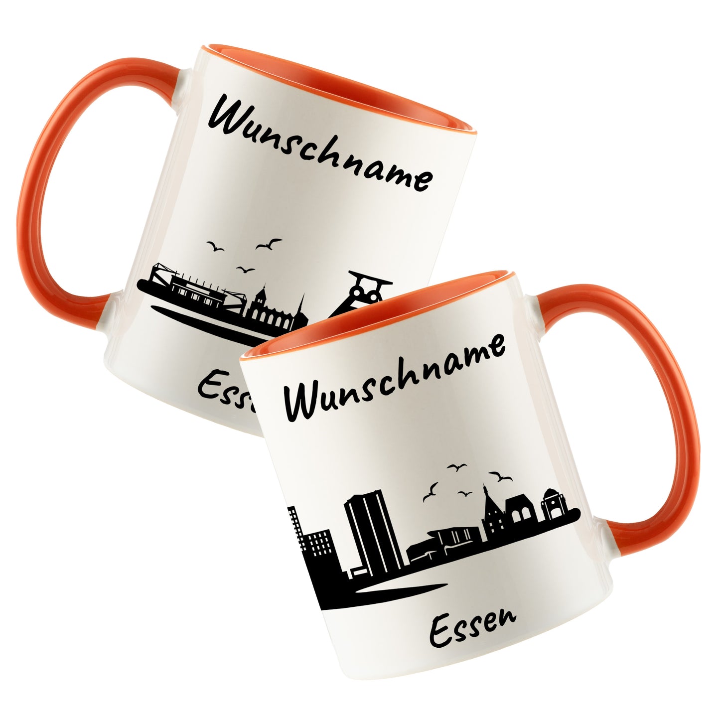 Tasse in Orange 330ml bedruckt mit der Skyline von Essen personalisierbar mit Wunschname