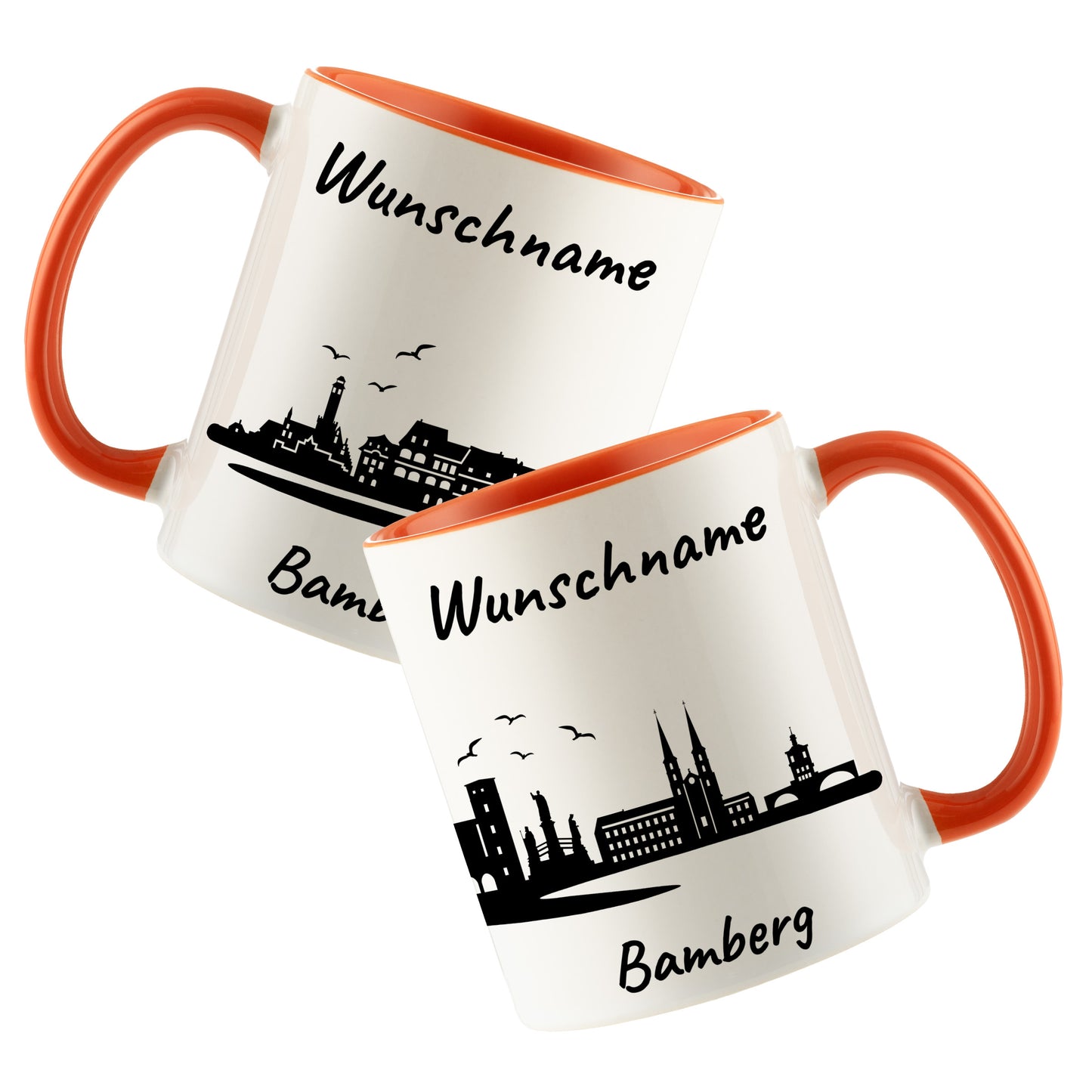 Tasse in Orange 330ml bedruckt mit der Skyline von Bamberg personalisierbar mit Wunschname