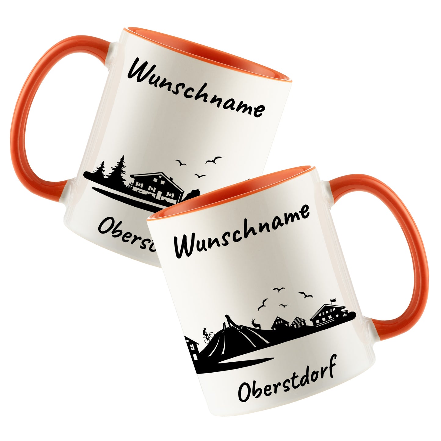 Tasse in Orange 330ml bedruckt mit der Skyline von Oberstdorf personalisierbar mit Wunschname