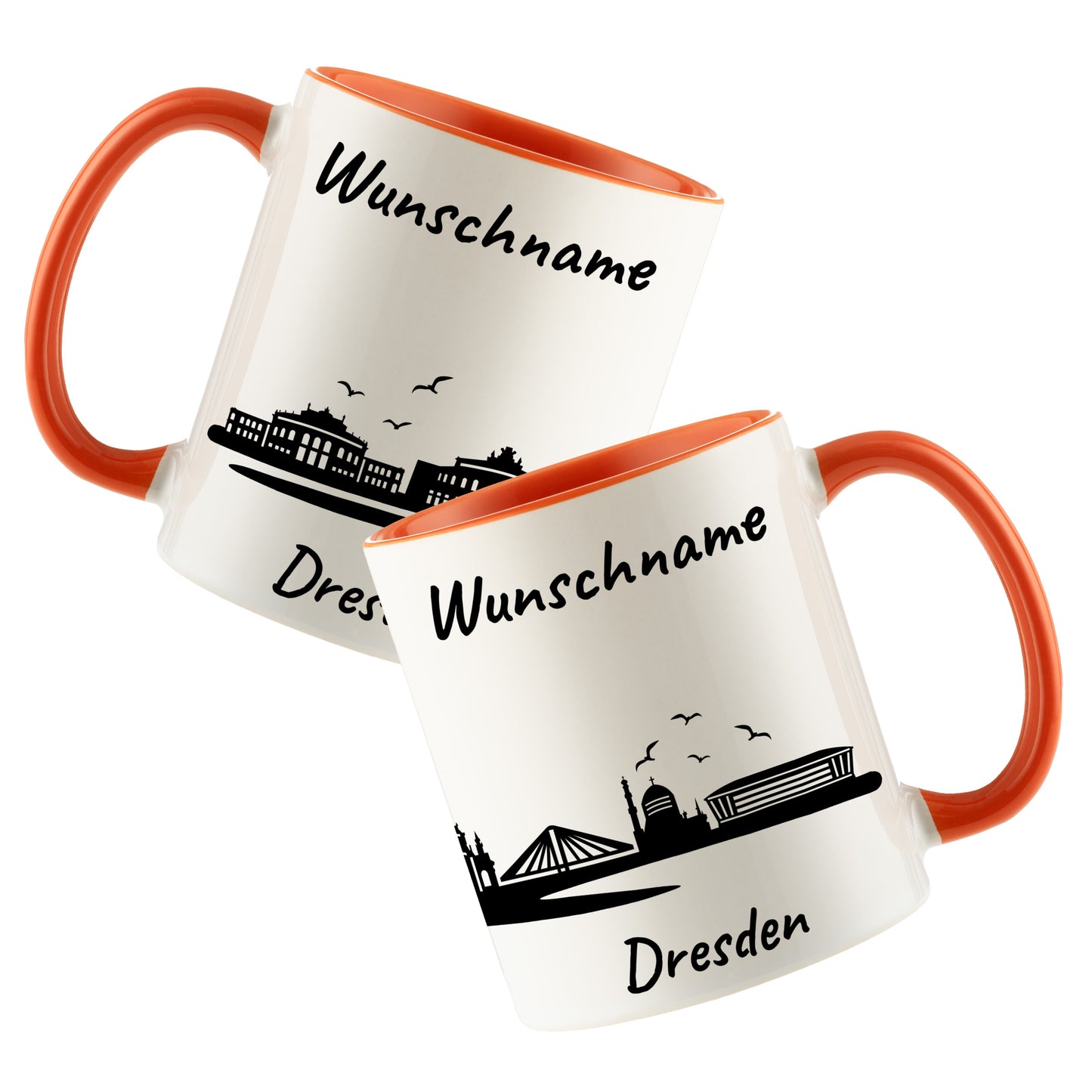 Tasse in Orange 330ml bedruckt mit der Skyline von Dresden personalisierbar mit Wunschname