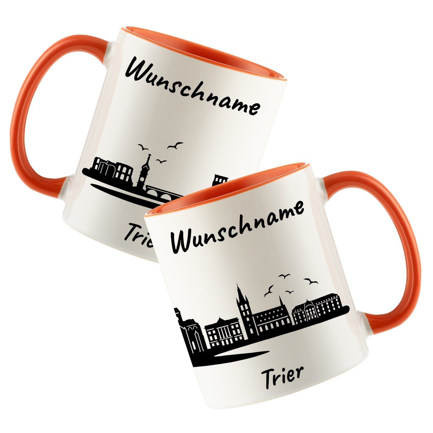 Tasse in Orange 330ml bedruckt mit der Skyline von Trier personalisierbar mit Wunschname