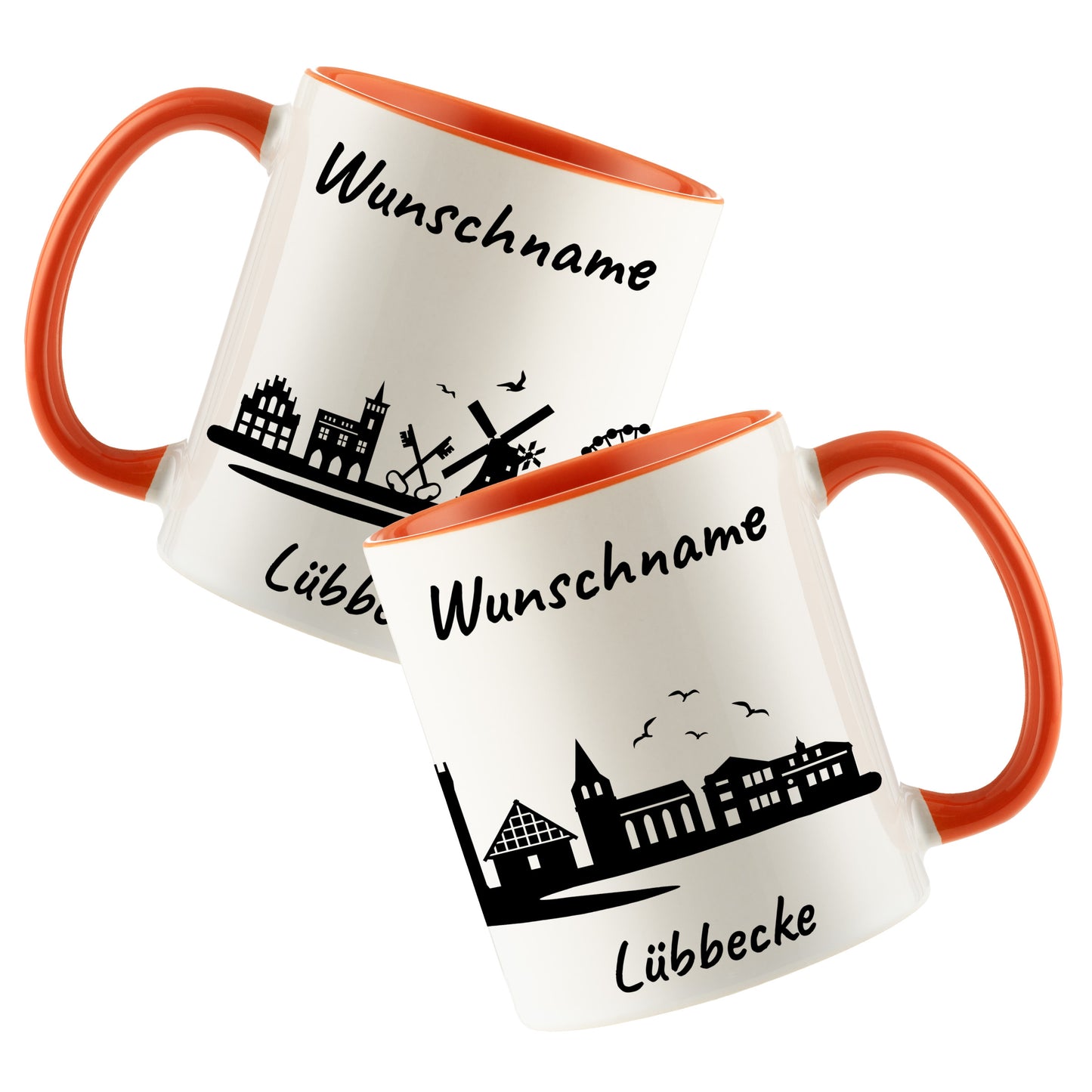Tasse in Orange 330ml bedruckt mit der Skyline von Lübbecke personalisierbar mit Wunschname