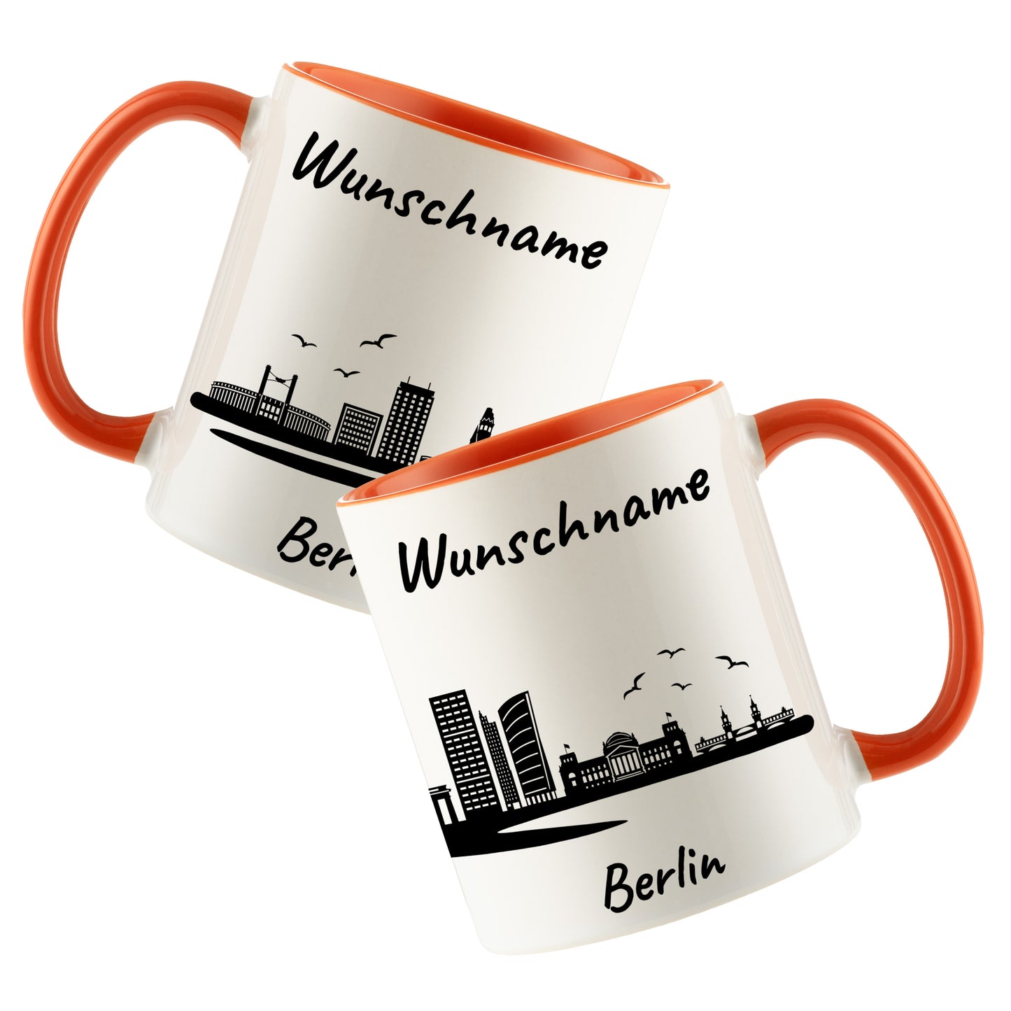 Tasse in Orange 330ml bedruckt mit der Skyline von Berlin personalisierbar mit Wunschname