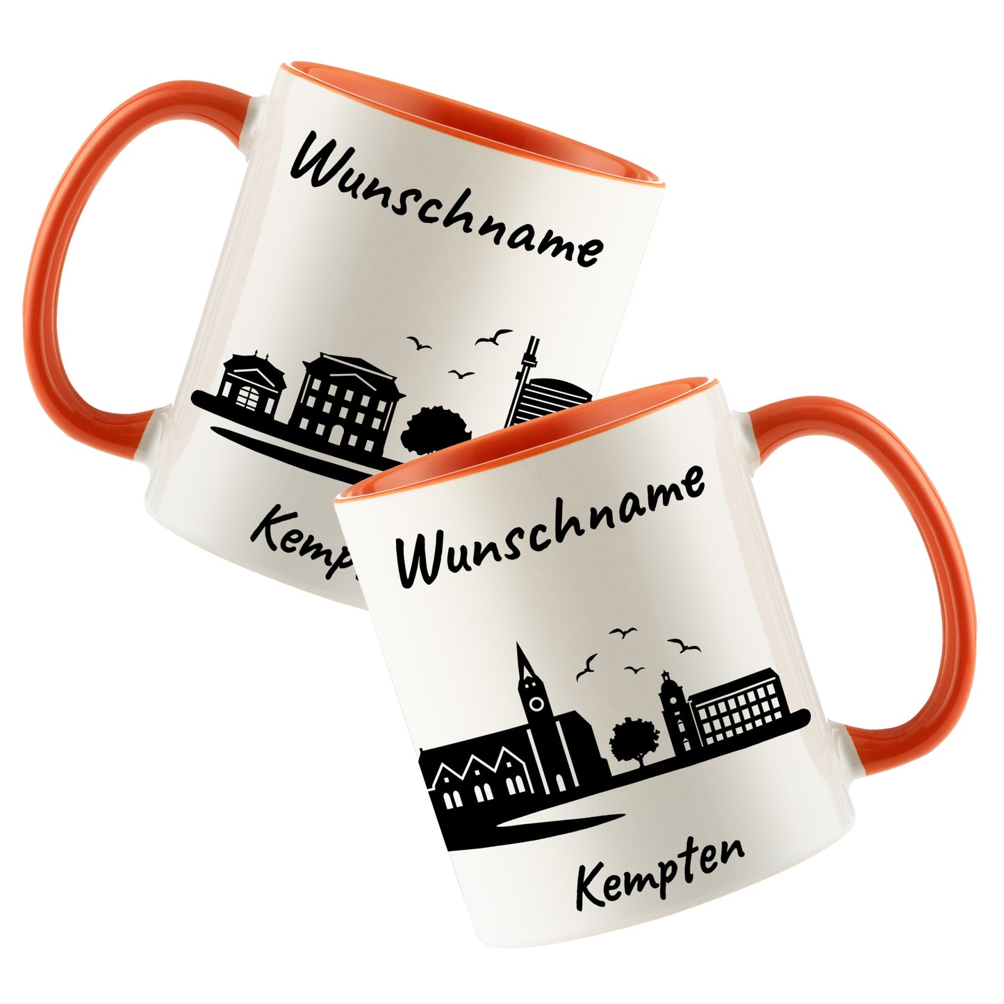 Tasse in Orange 330ml bedruckt mit der Skyline von Kempten personalisierbar mit Wunschname