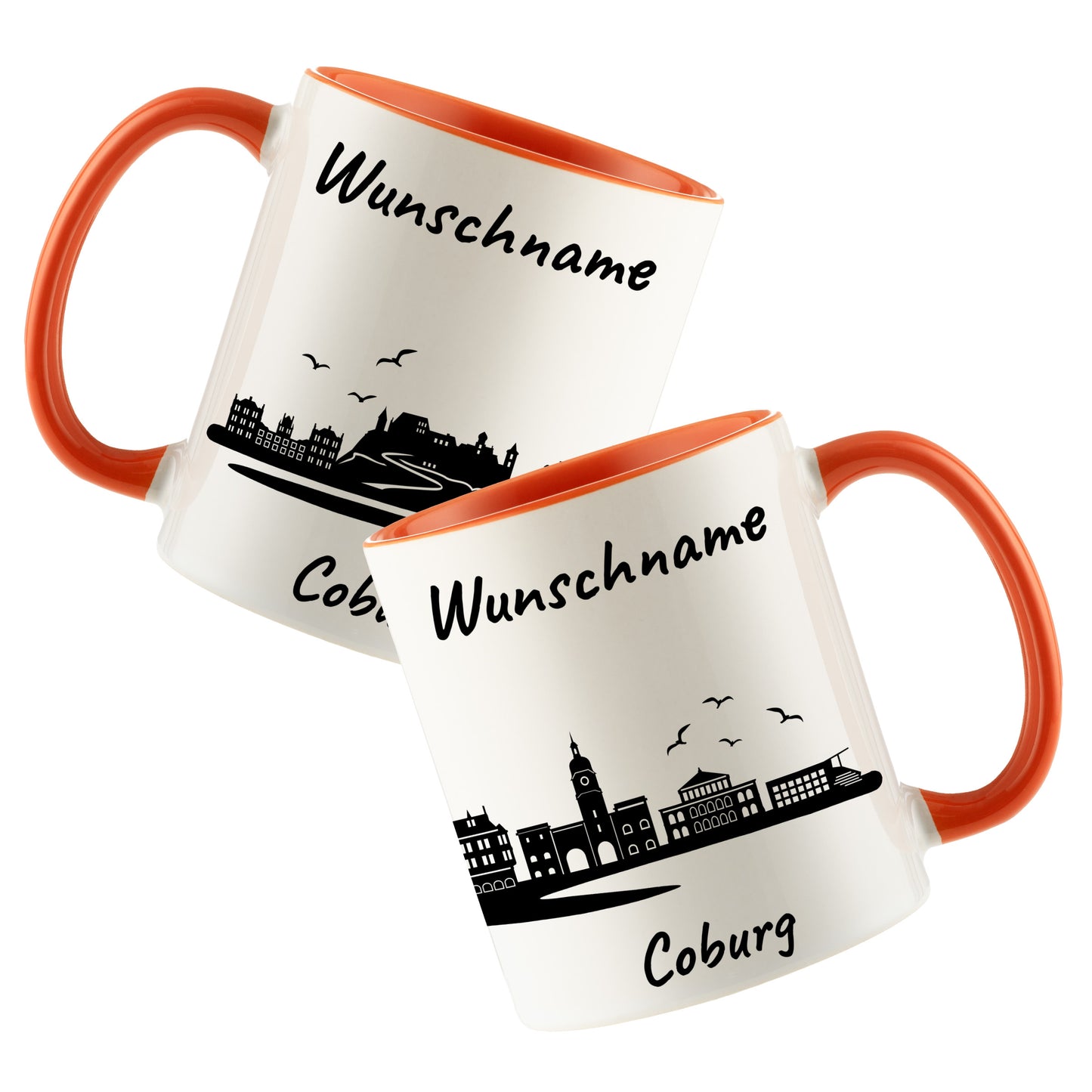 Tasse in Orange 330ml bedruckt mit der Skyline von Coburg personalisierbar mit Wunschname