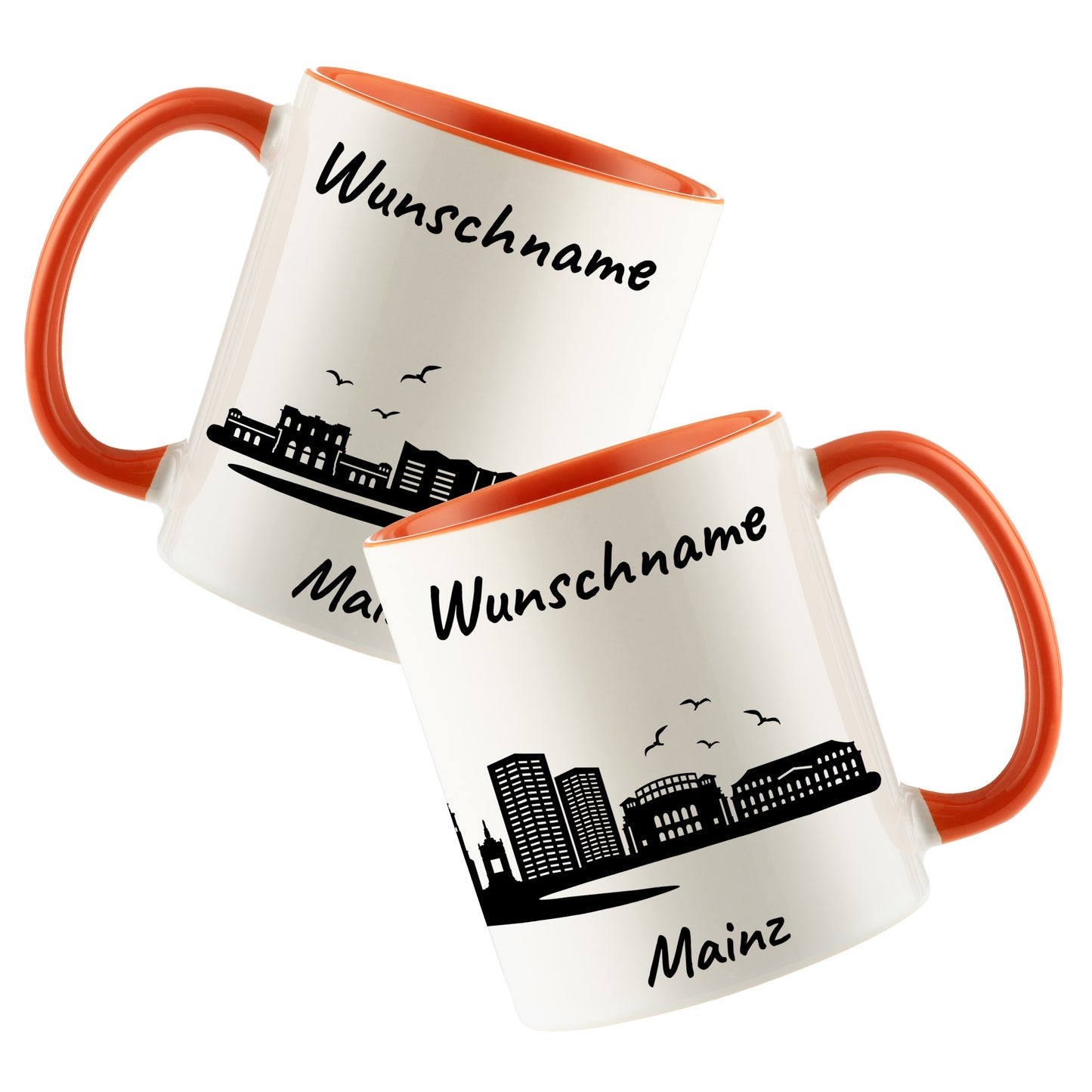 Tasse in Orange 330ml bedruckt mit der Skyline von Mainz personalisierbar mit Wunschname