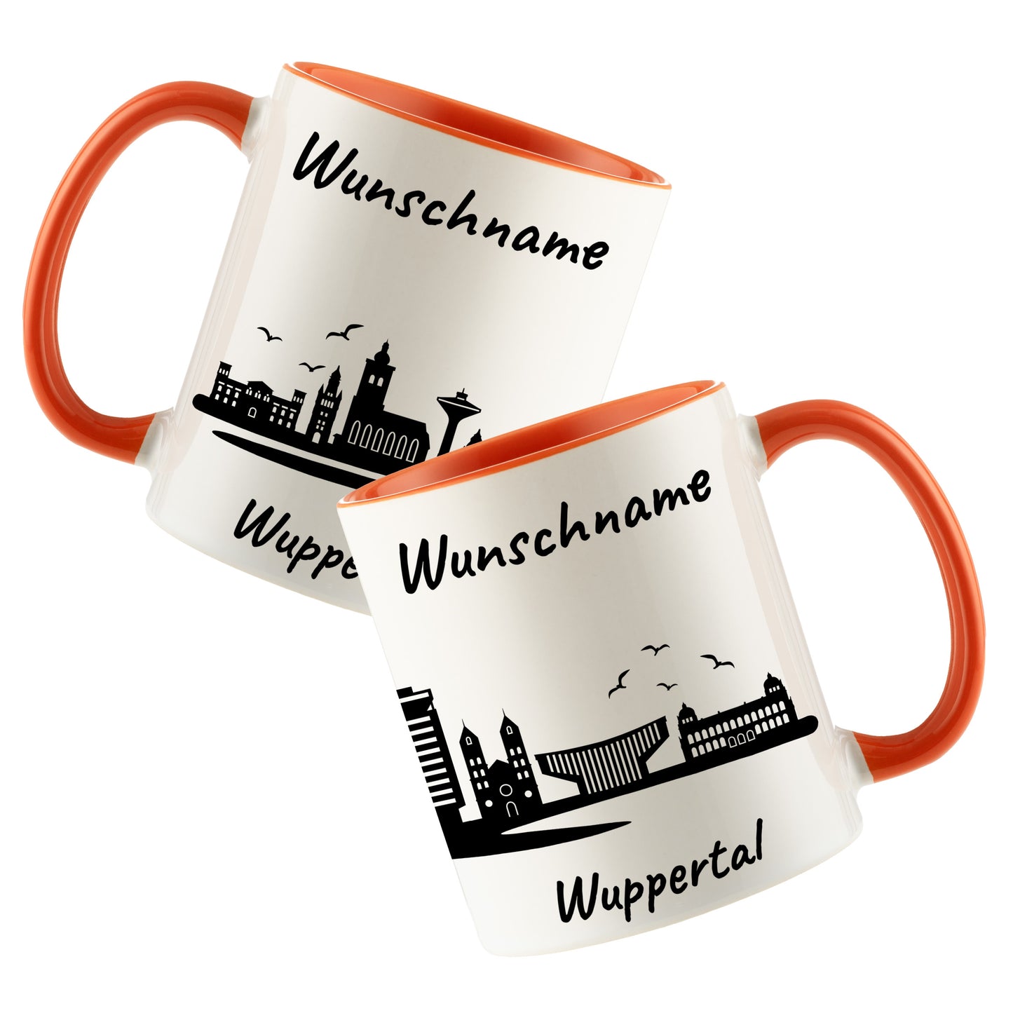 Tasse in Orange 330ml bedruckt mit der Skyline von Wuppertal personalisierbar mit Wunschname