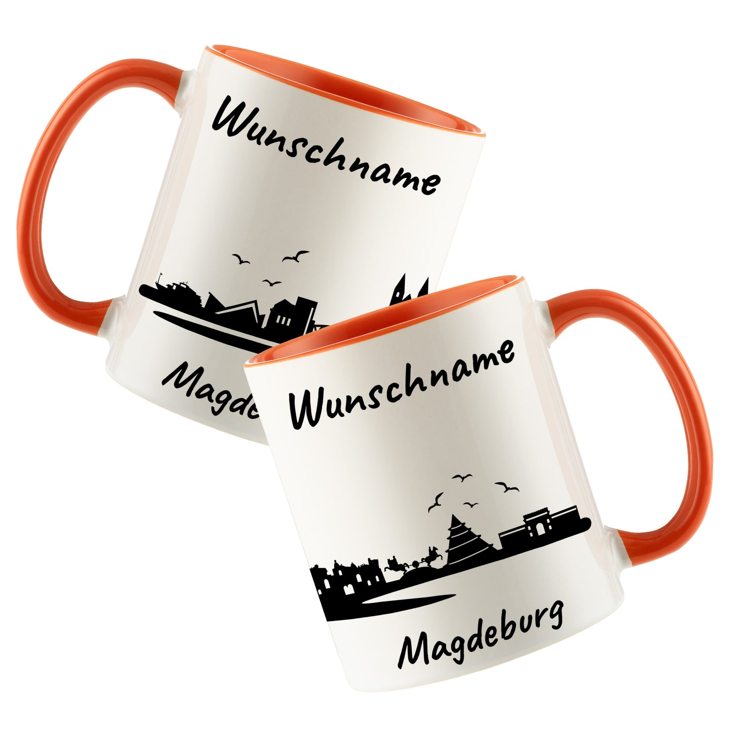 Tasse in Orange 330ml bedruckt mit der Skyline von Magdeburg personalisierbar mit Wunschname