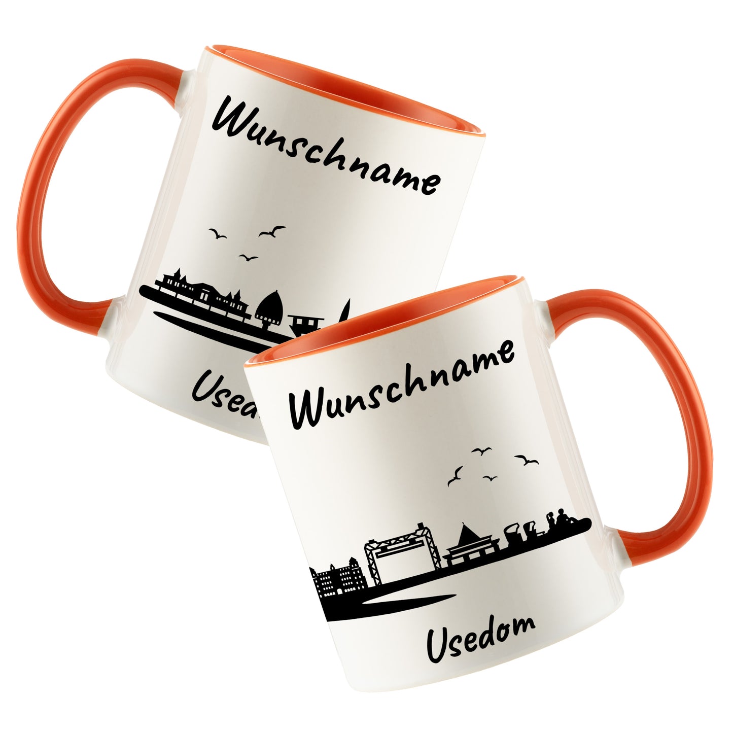 Tasse in Orange 330ml bedruckt mit der Skyline von Usedom personalisierbar mit Wunschname