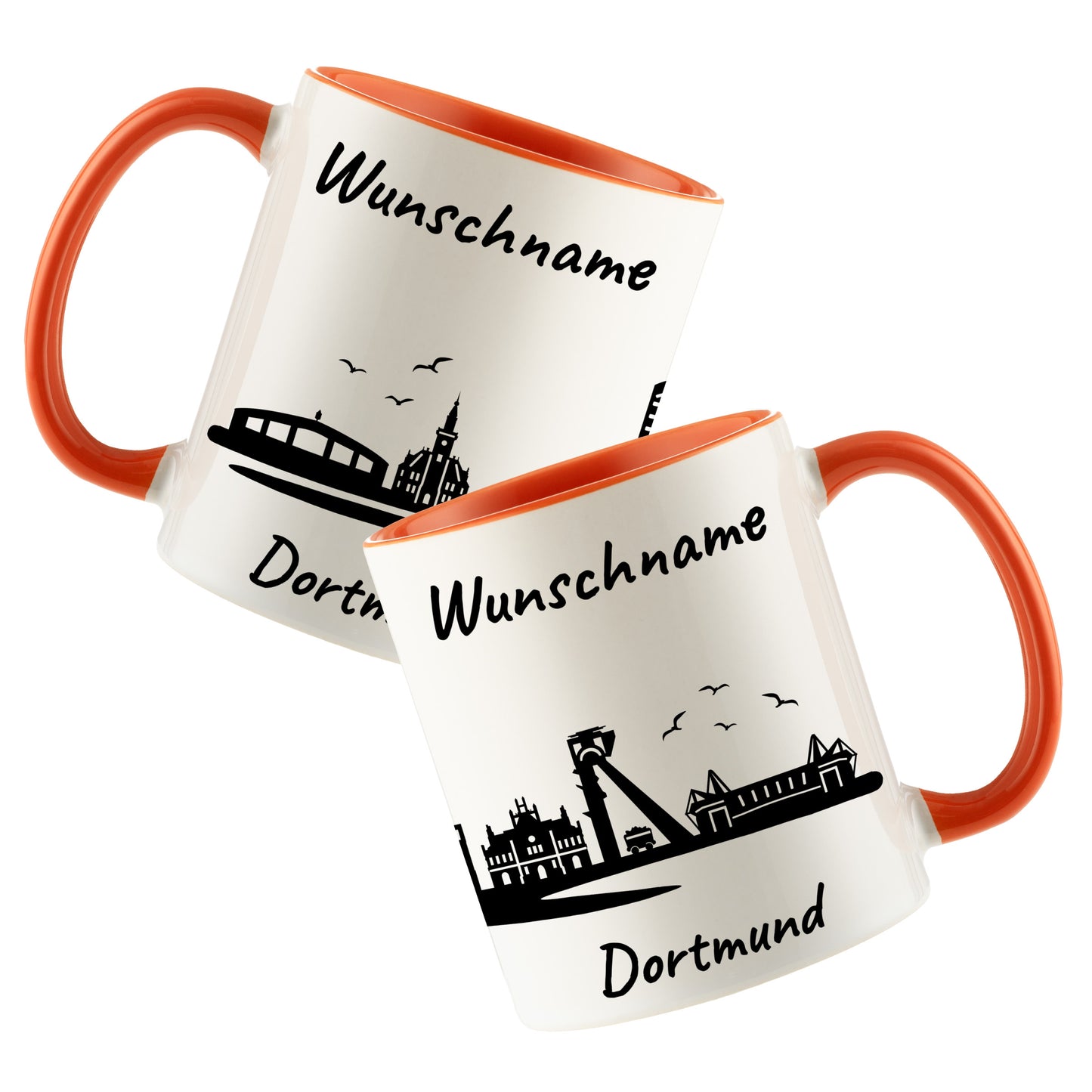 Tasse in Orange 330ml bedruckt mit der Skyline von Dortmund personalisierbar mit Wunschname