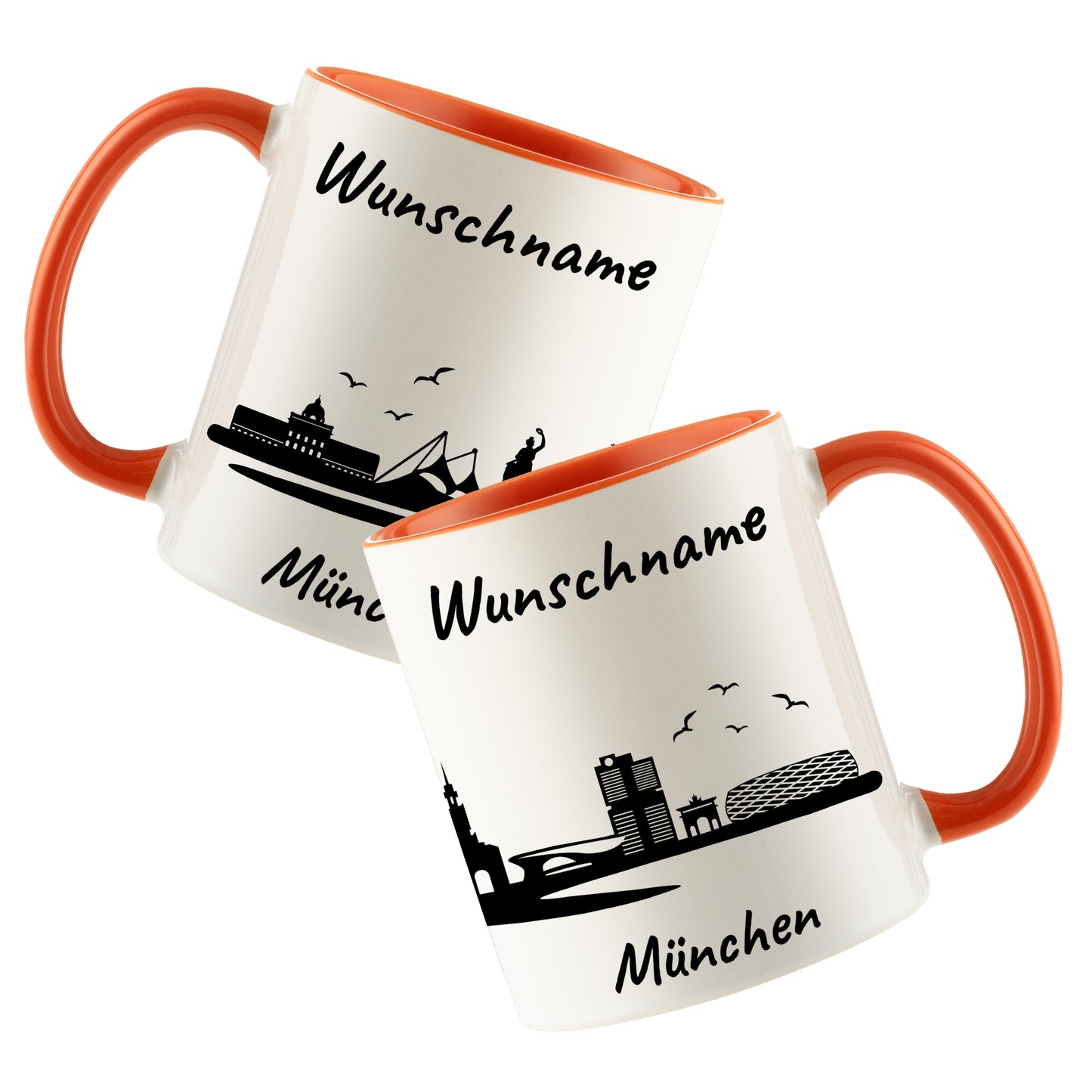 Tasse in Orange 330ml bedruckt mit der Skyline von München personalisierbar mit Wunschname