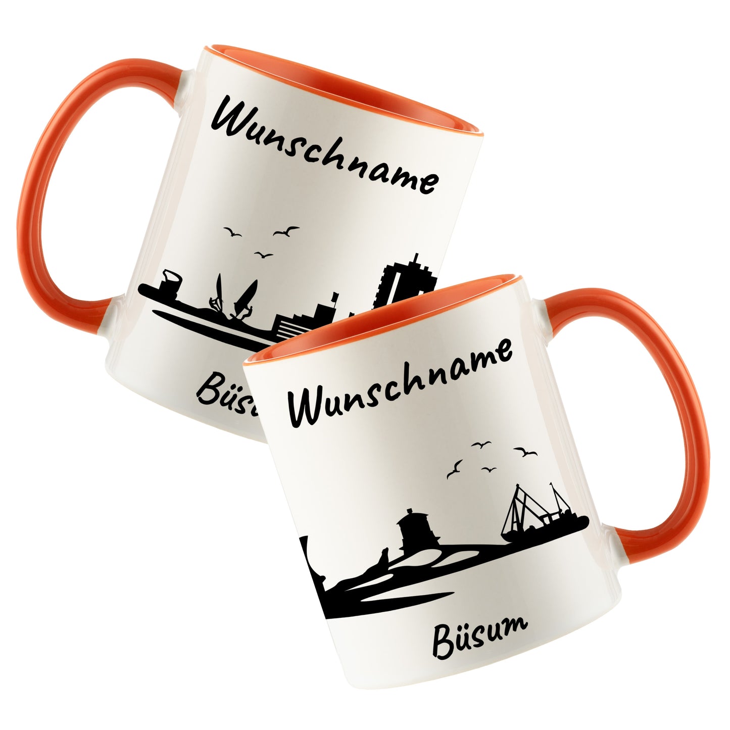 Tasse in Orange 330ml bedruckt mit der Skyline von Büsum personalisierbar mit Wunschname