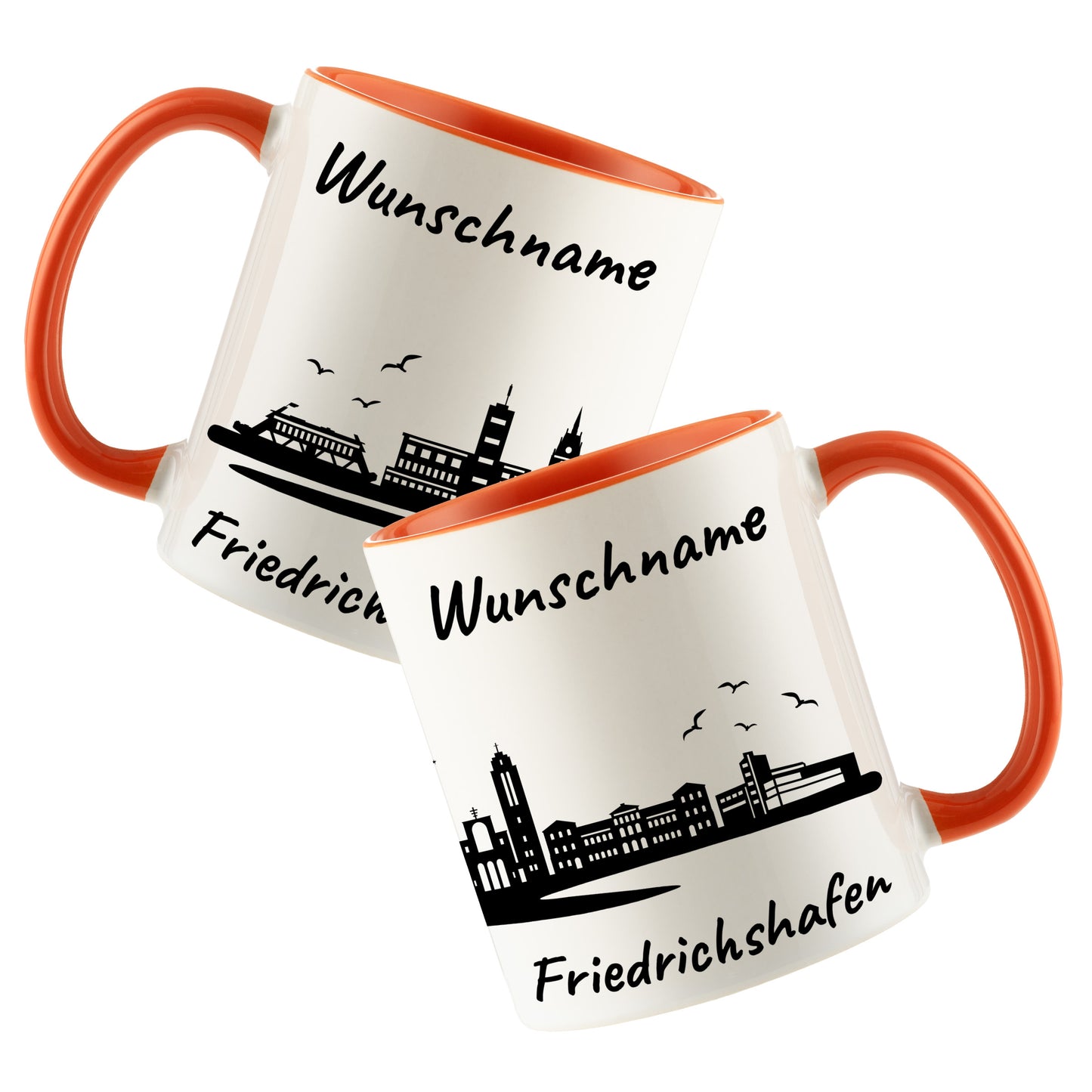 Tasse in Orange 330ml bedruckt mit der Skyline von Friedrichshafen personalisierbar mit Wunschname