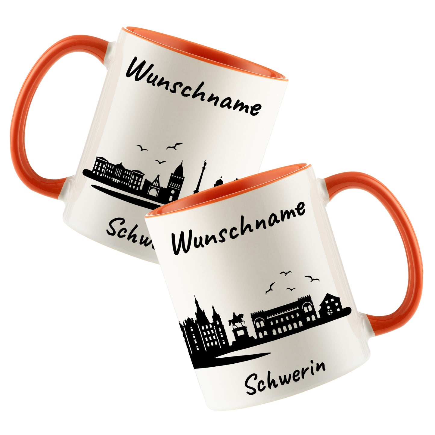 Tasse in Orange 330ml bedruckt mit der Skyline von Schwerin personalisierbar mit Wunschname