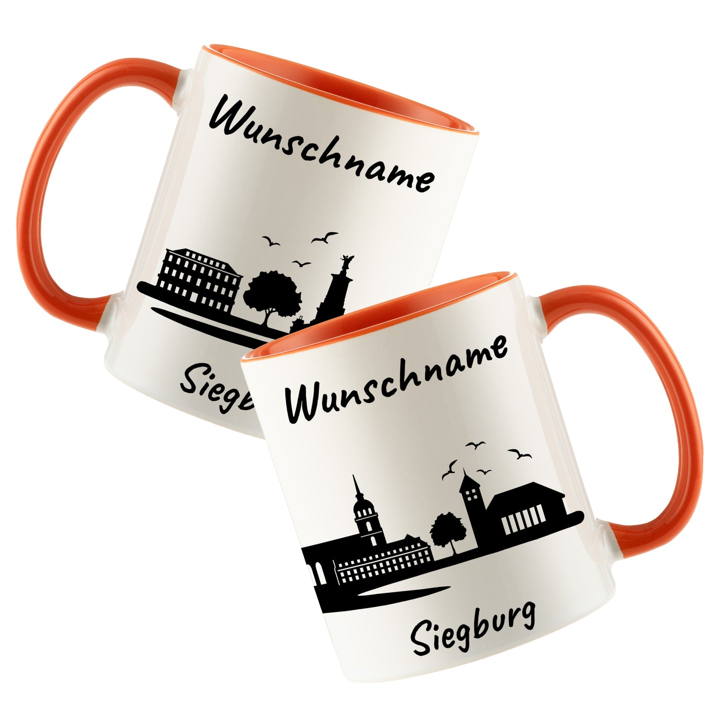Tasse in Orange 330ml bedruckt mit der Skyline von Siegburg personalisierbar mit Wunschname
