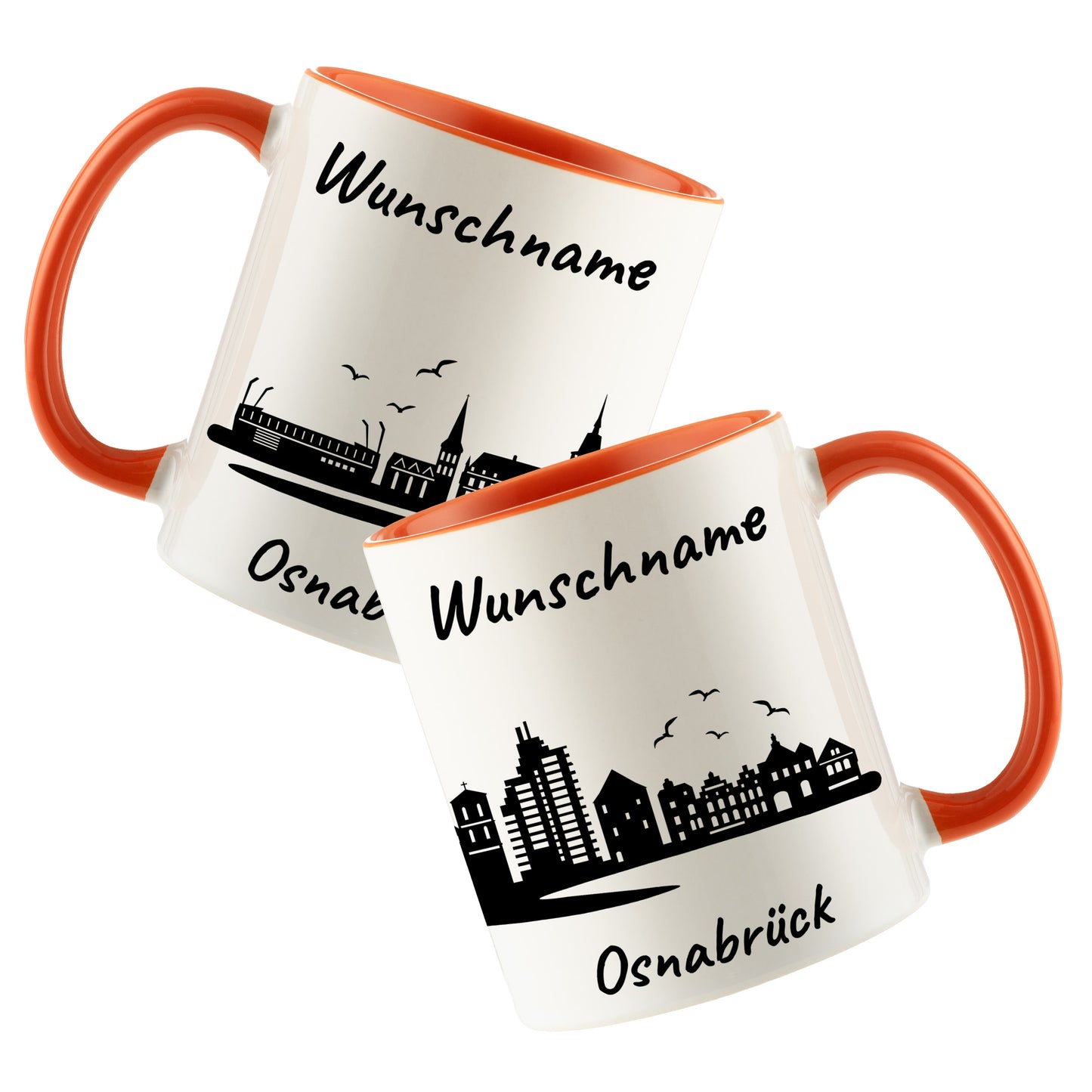 Tasse in Orange 330ml bedruckt mit der Skyline von Osnabrück personalisierbar mit Wunschname