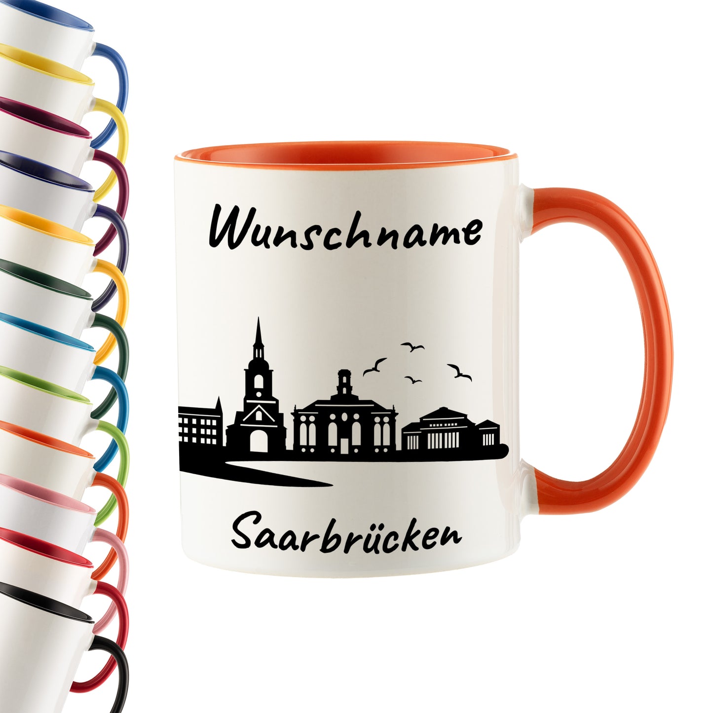 Tasse in Orange 330ml bedruckt mit der Skyline von Saarbrücken personalisierbar mit Wunschname
