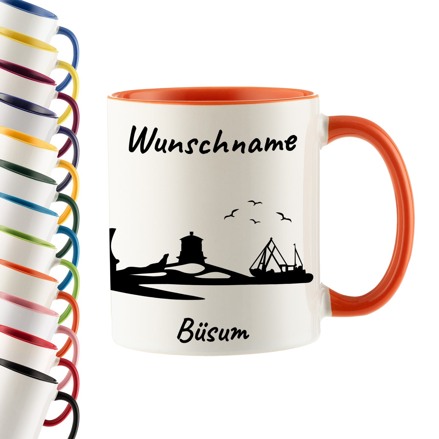 Tasse in Orange 330ml bedruckt mit der Skyline von Büsum personalisierbar mit Wunschname