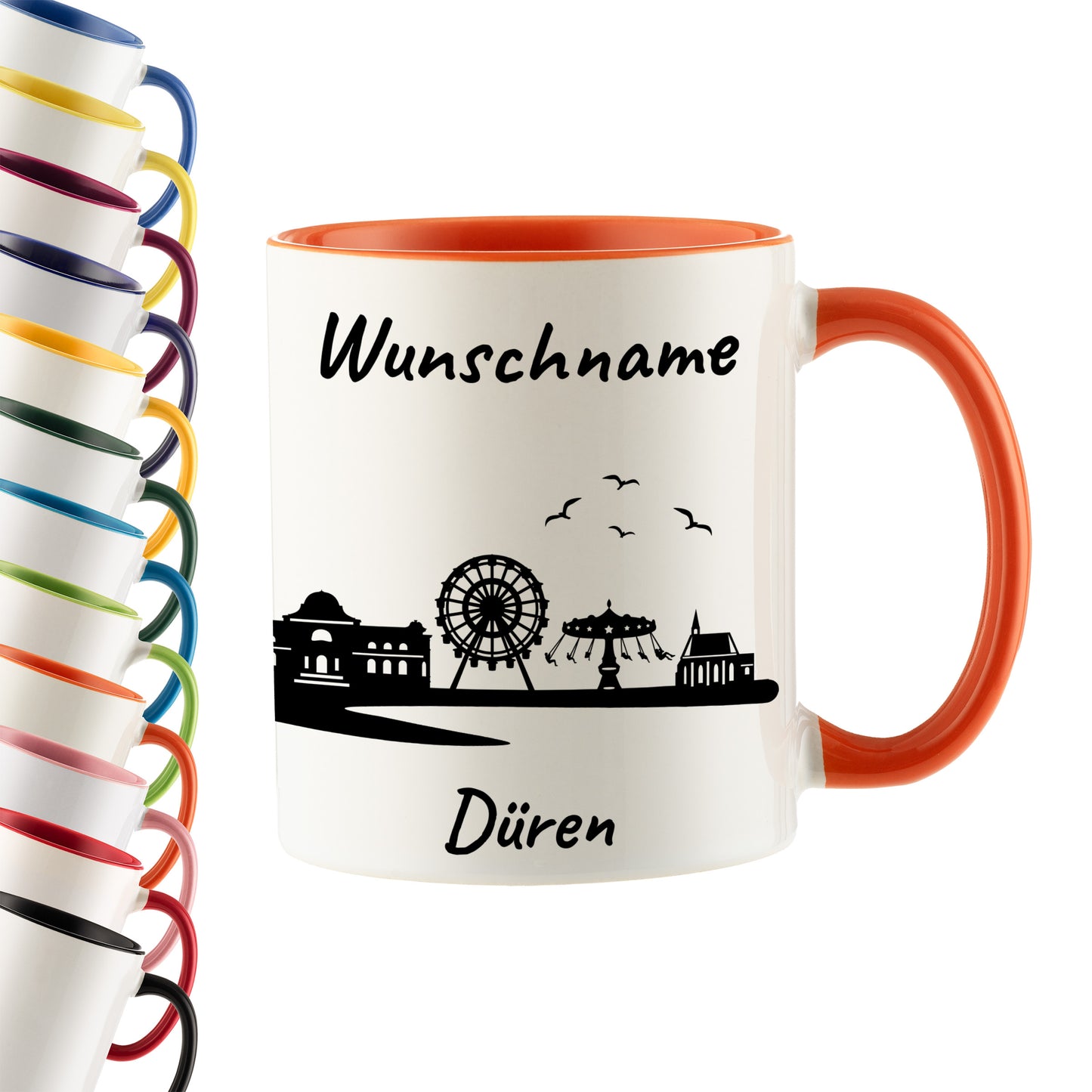 Tasse in Orange 330ml bedruckt mit der Skyline von Düren personalisierbar mit Wunschname