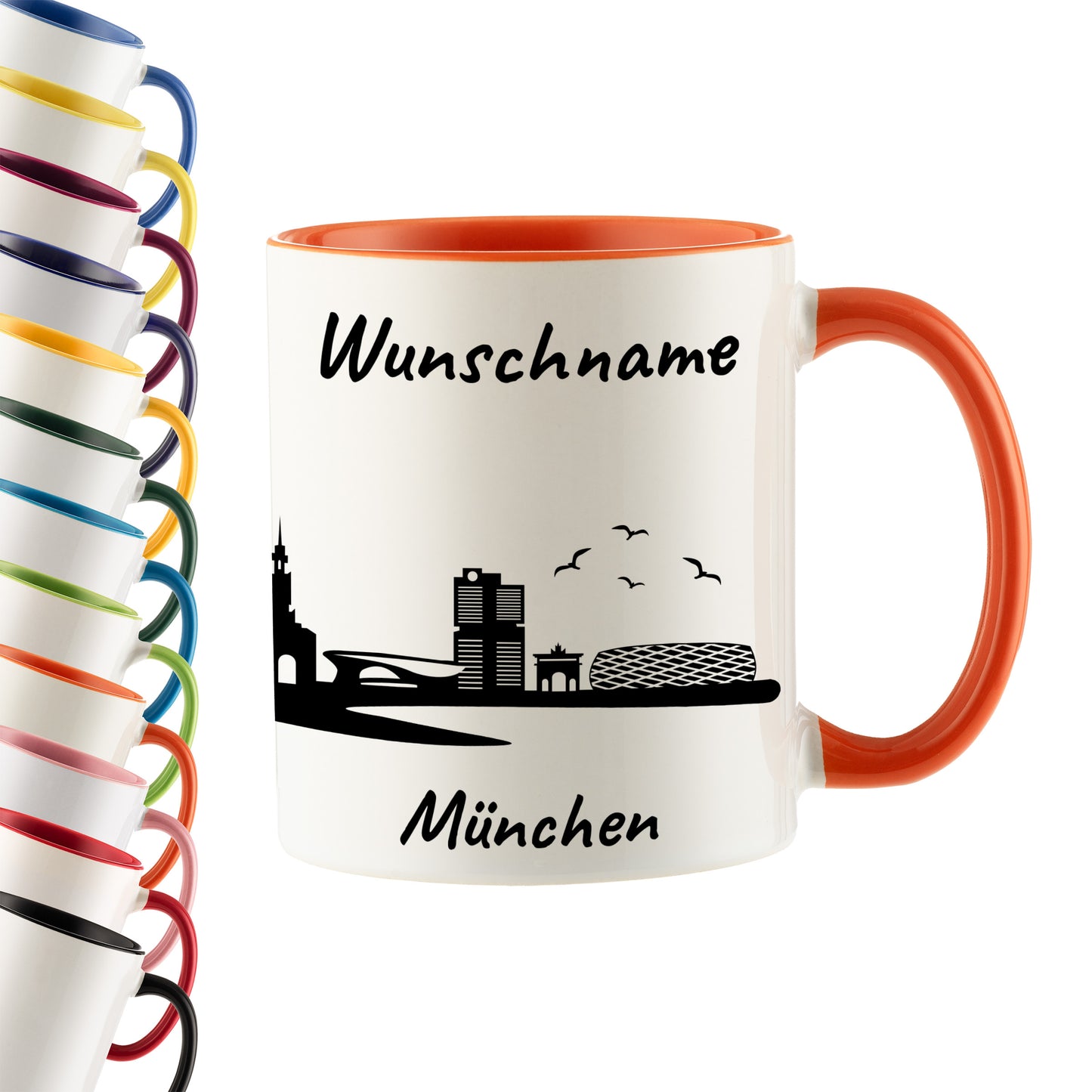Tasse in Orange 330ml bedruckt mit der Skyline von München personalisierbar mit Wunschname