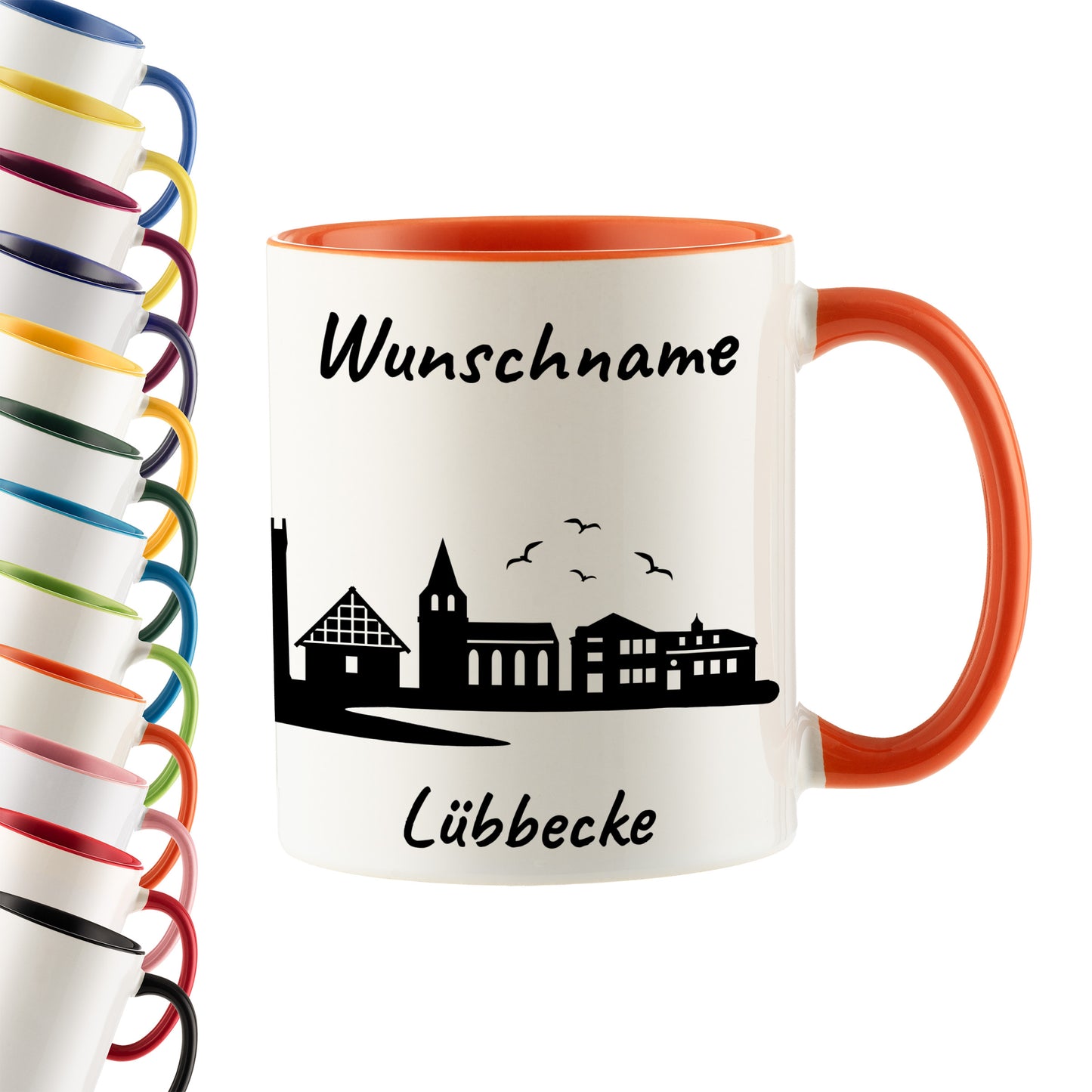 Tasse in Orange 330ml bedruckt mit der Skyline von Lübbecke personalisierbar mit Wunschname