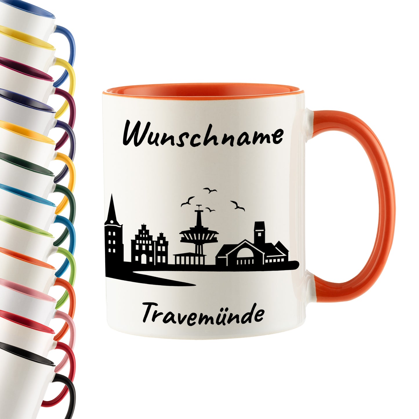 Tasse in Orange 330ml bedruckt mit der Skyline von Travemünde personalisierbar mit Wunschname